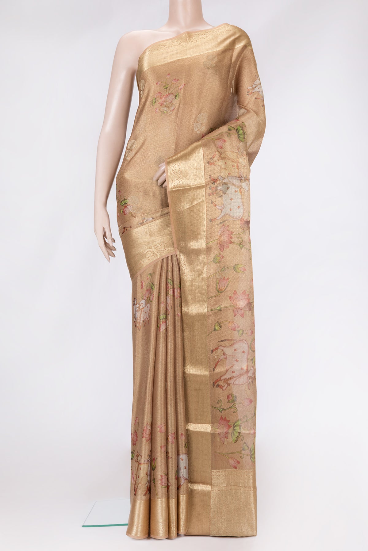 Gold Dual Tone Mysore Silk Saree with Zari Brocade on the body and Fancy Border.  displayed on a mannequin