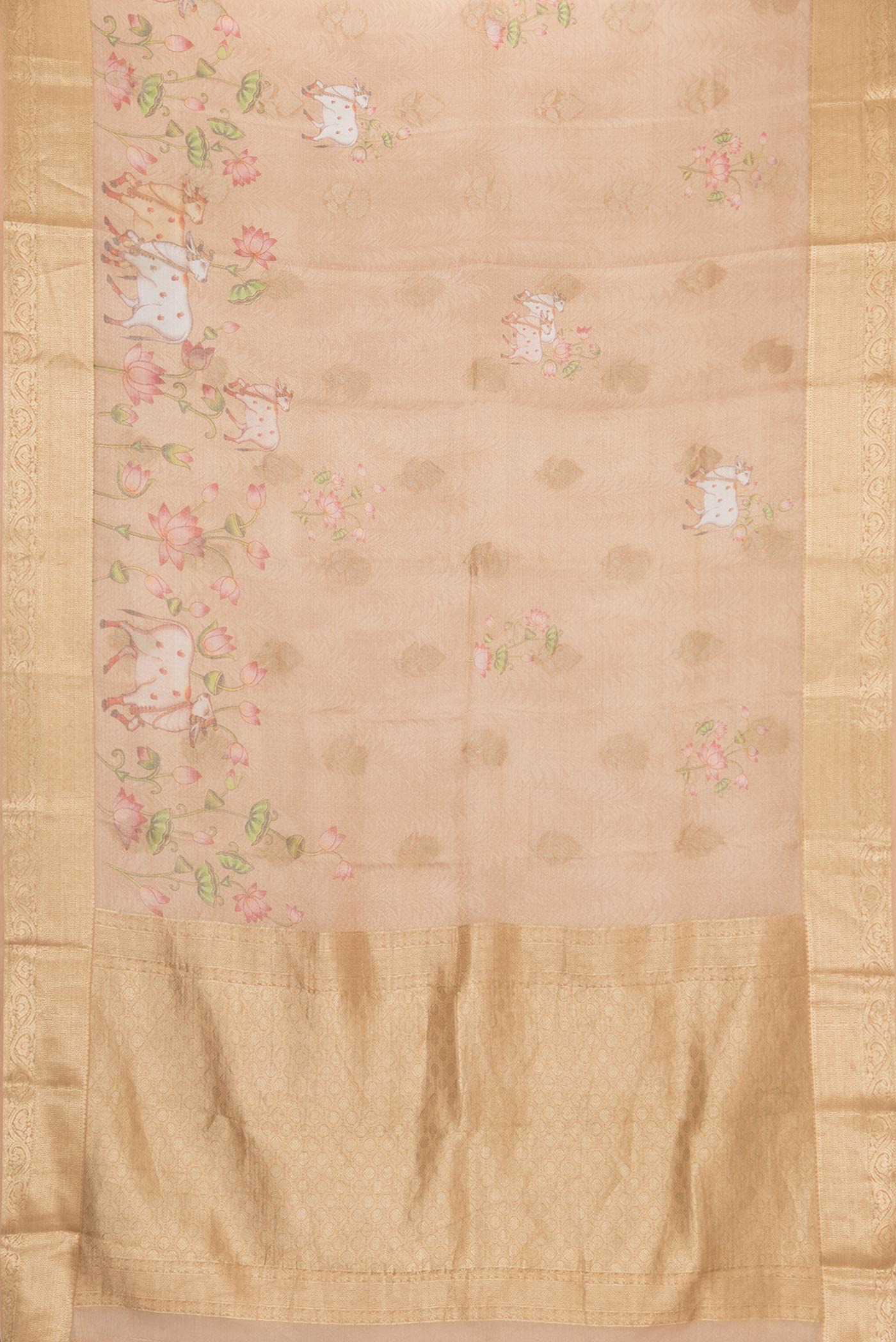 Flat view of Gold Dual Tone Mysore Silk Saree with Zari Brocade on the body and Fancy Border. 