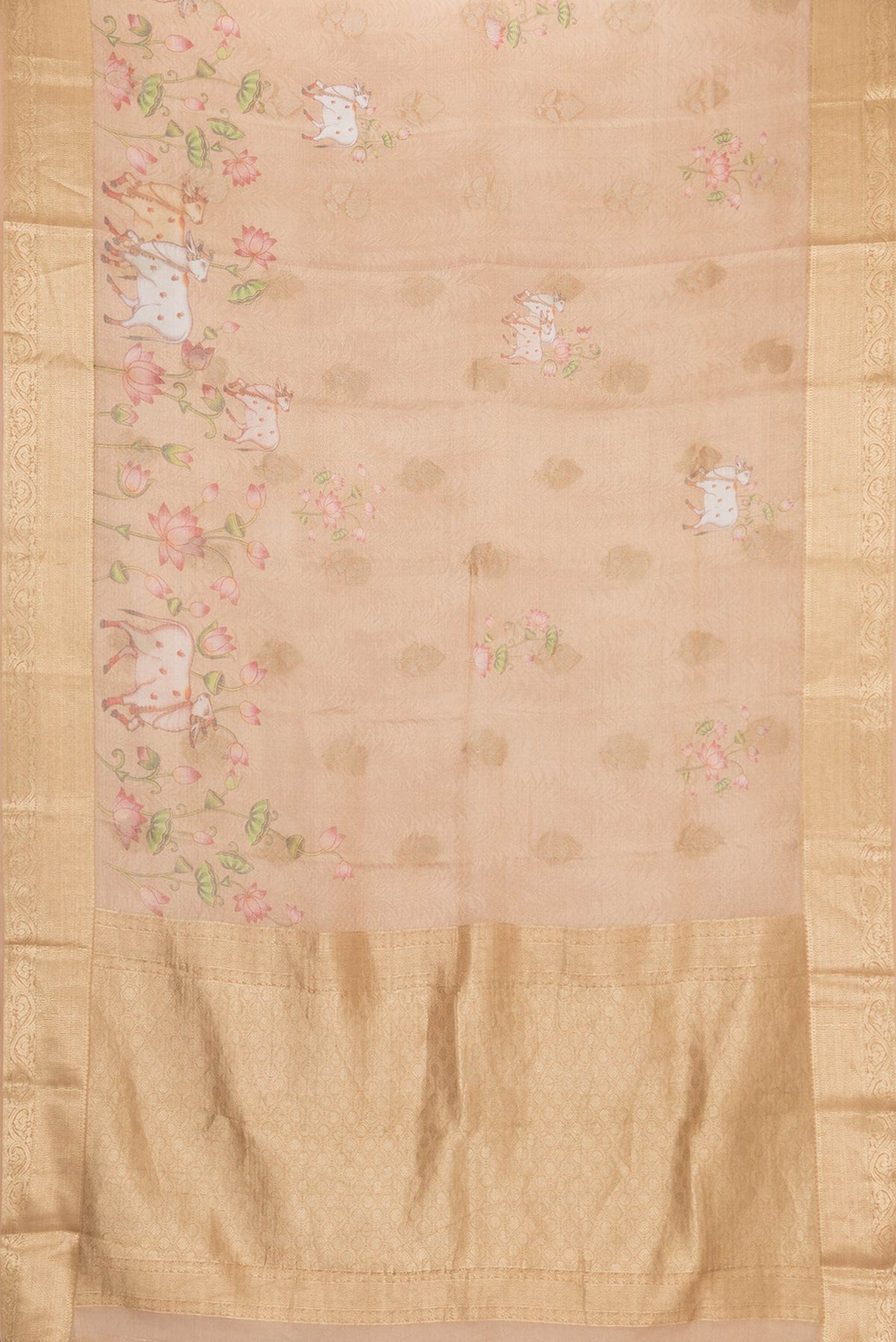 Flat view of Gold Dual Tone Mysore Silk Saree with Zari Brocade on the body and Fancy Border. 