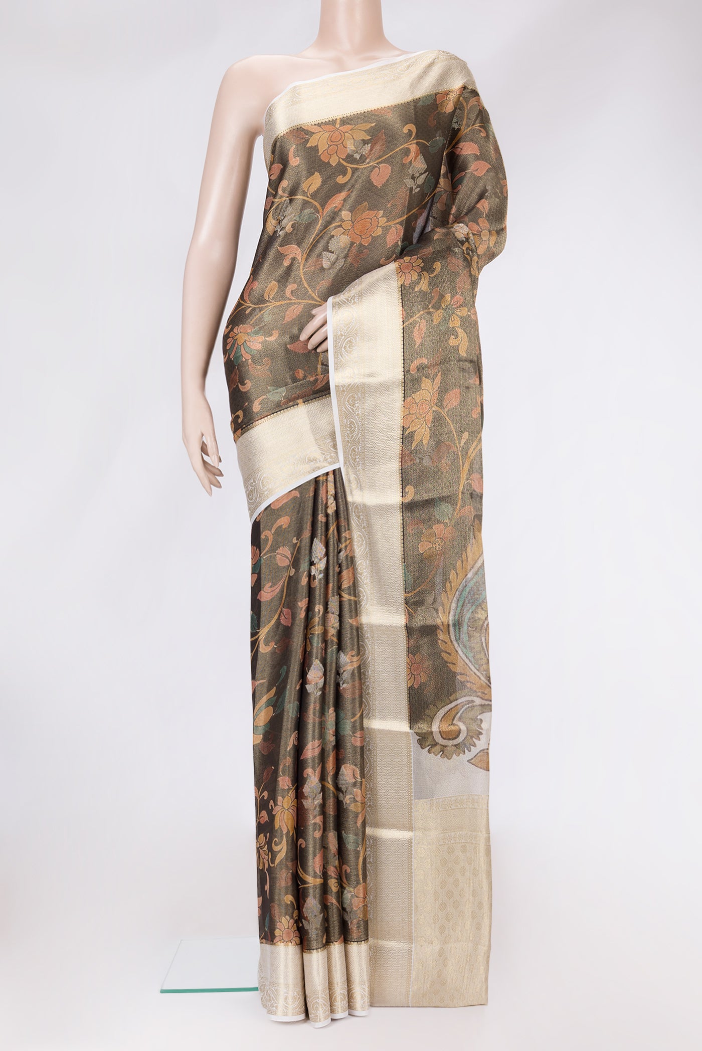 Brown Dual Tone Mysore Silk Saree with Zari Brocade on the body and Zari Border.  displayed on a mannequin
