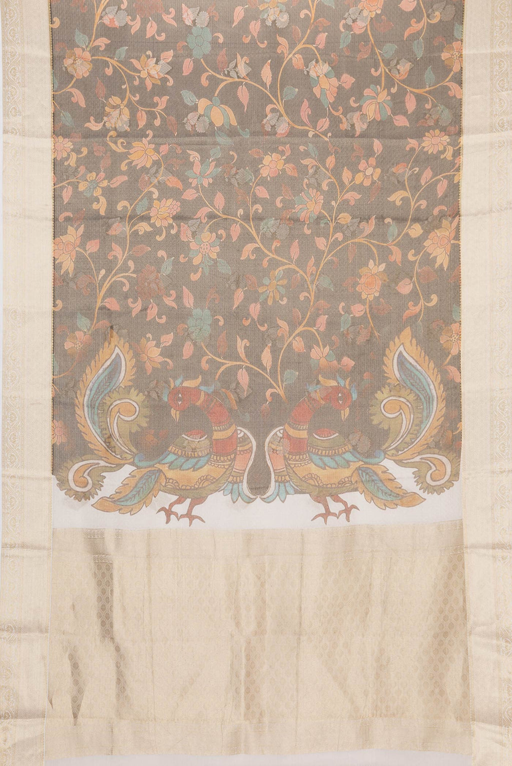 Flat view of Brown Dual Tone Mysore Silk Saree with Zari Brocade on the body and Zari Border. 