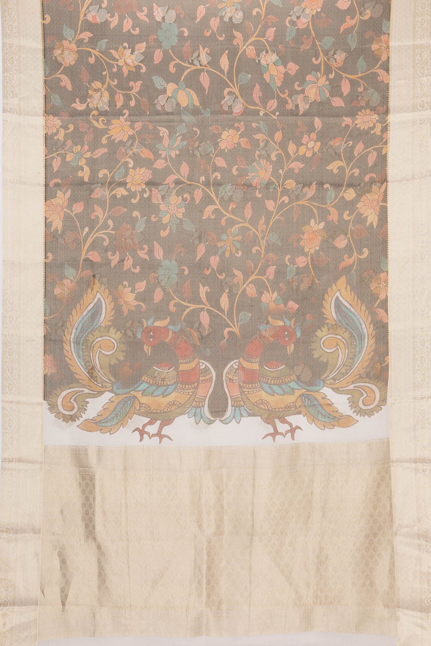 Flat view of Brown Dual Tone Mysore Silk Saree with Zari Brocade on the body and Zari Border. 