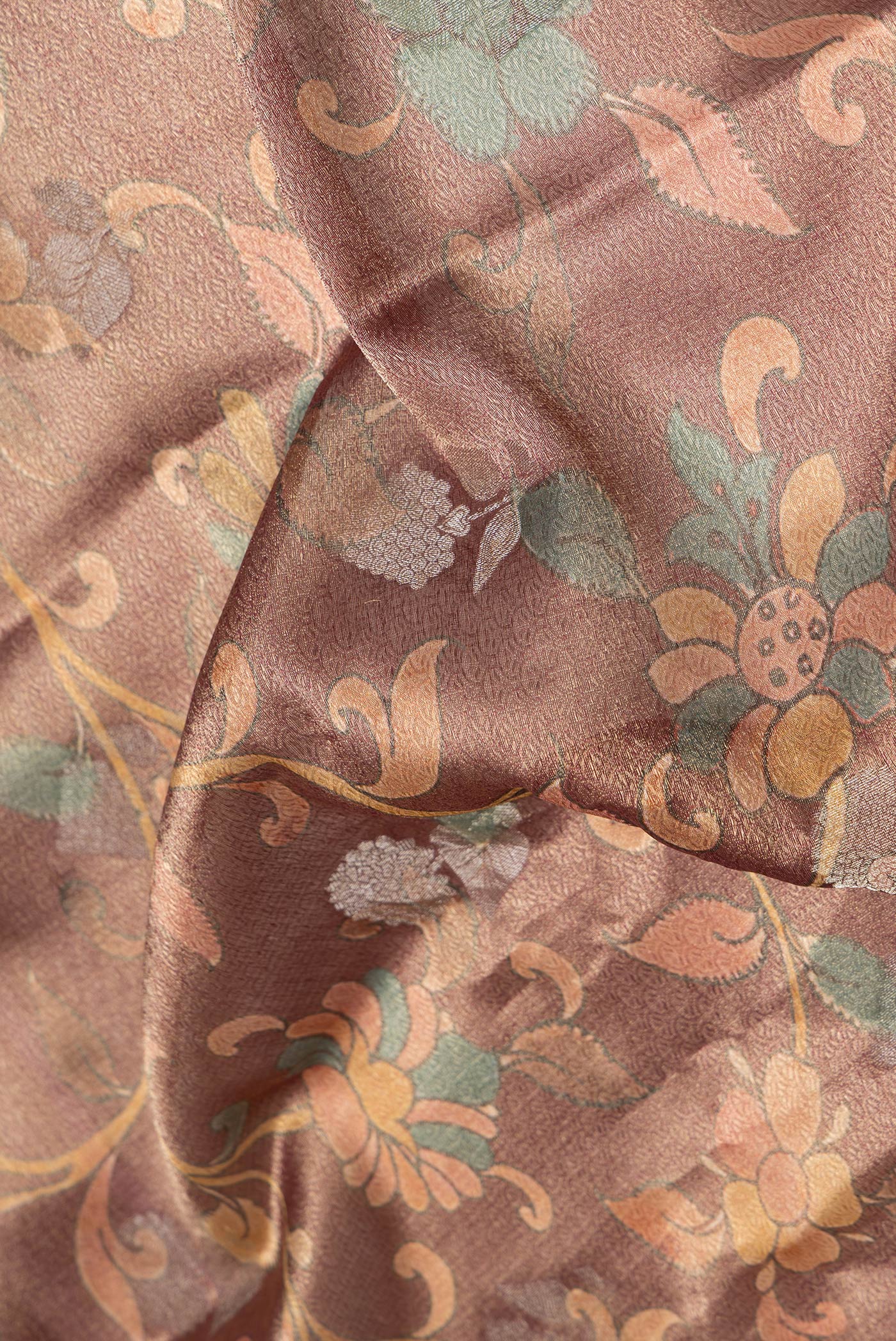 Close up of Maroon Dual Tone Mysore Silk Saree with Zari Brocade on the body and Zari Border.  displaying folds