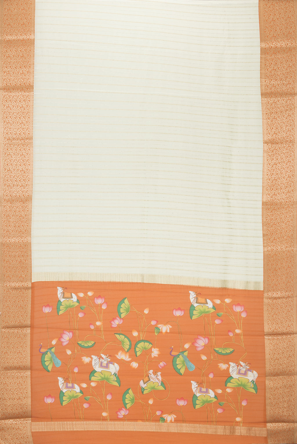 Flat view of Off White Mysore Crepe Saree with Stripes on the body and Zari Border. 