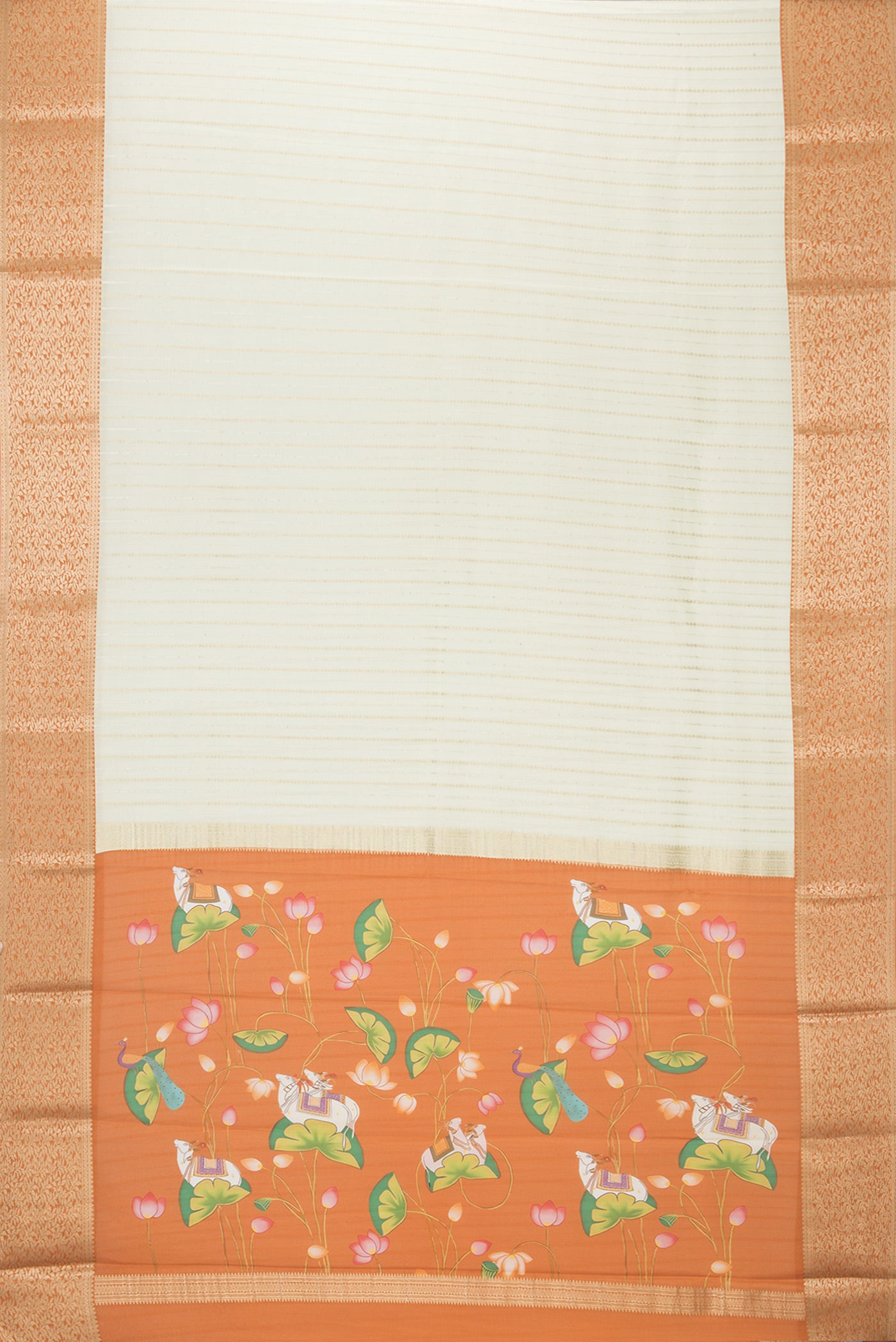 Flat view of Off White Mysore Crepe Saree with Stripes on the body and Zari Border. 