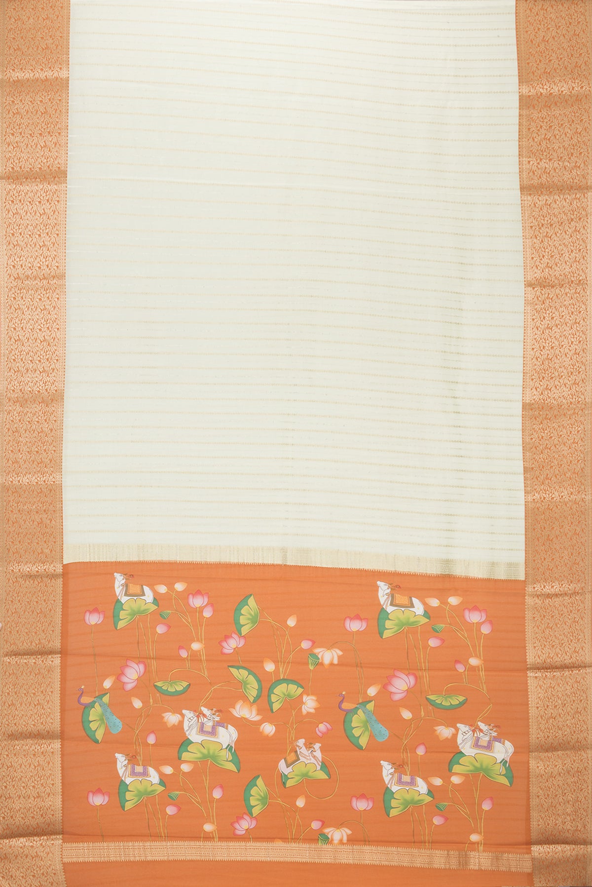 Flat view of Off White Mysore Crepe Saree with Stripes on the body and Zari Border. 