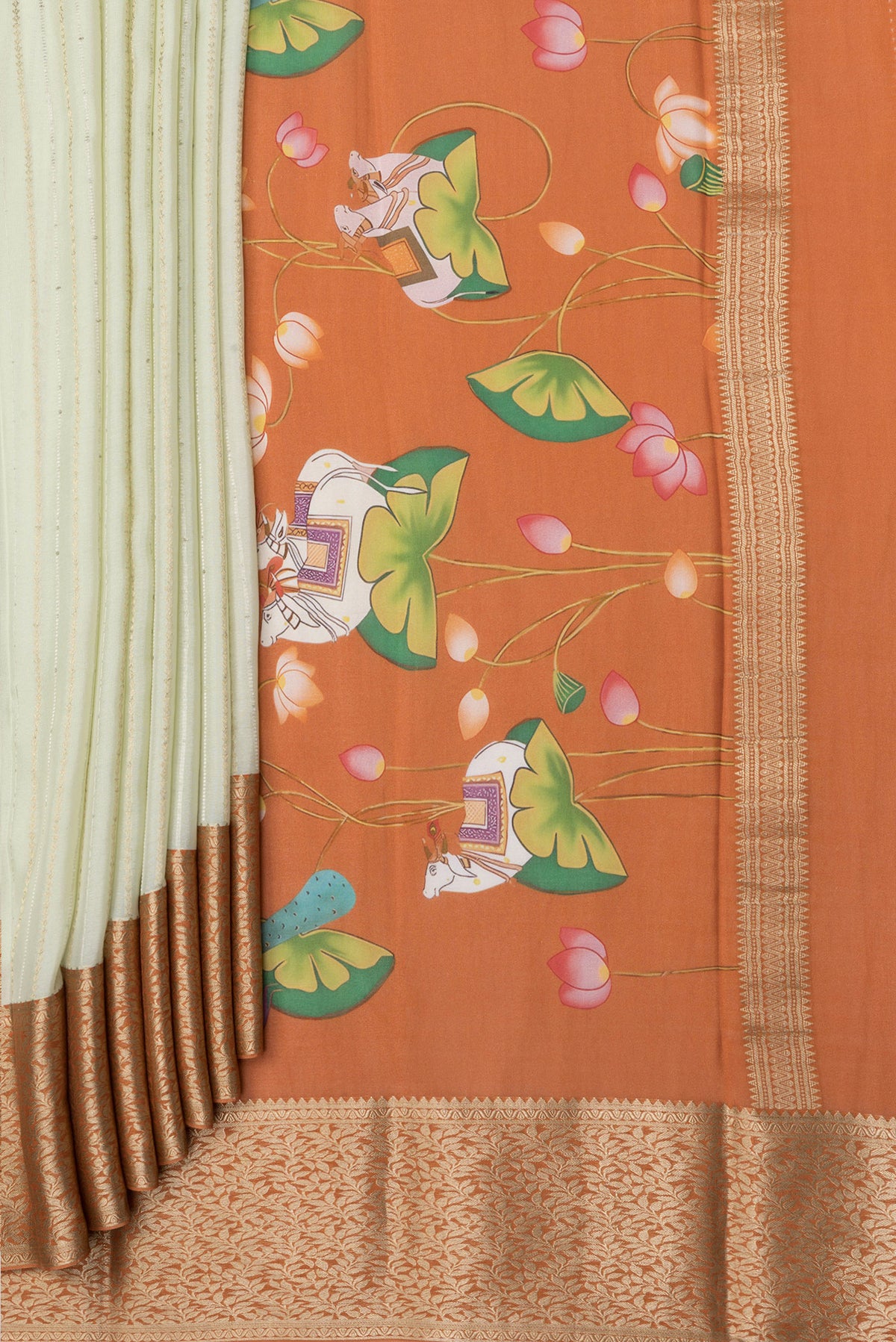 Pleats and pallu of Off White Mysore Crepe Saree with Stripes on the body and Zari Border. 