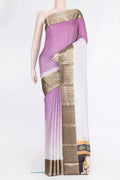 Lavender Dual Tone Mysore Silk Saree with Stripes on the body and Zari Border.  displayed on a mannequin