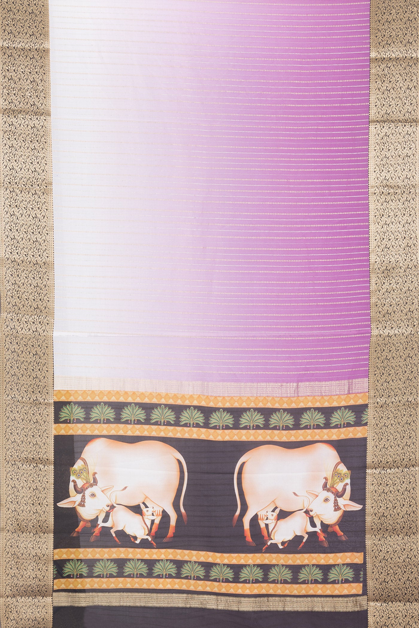 Flat view of Lavender Dual Tone Mysore Silk Saree with Stripes on the body and Zari Border. 
