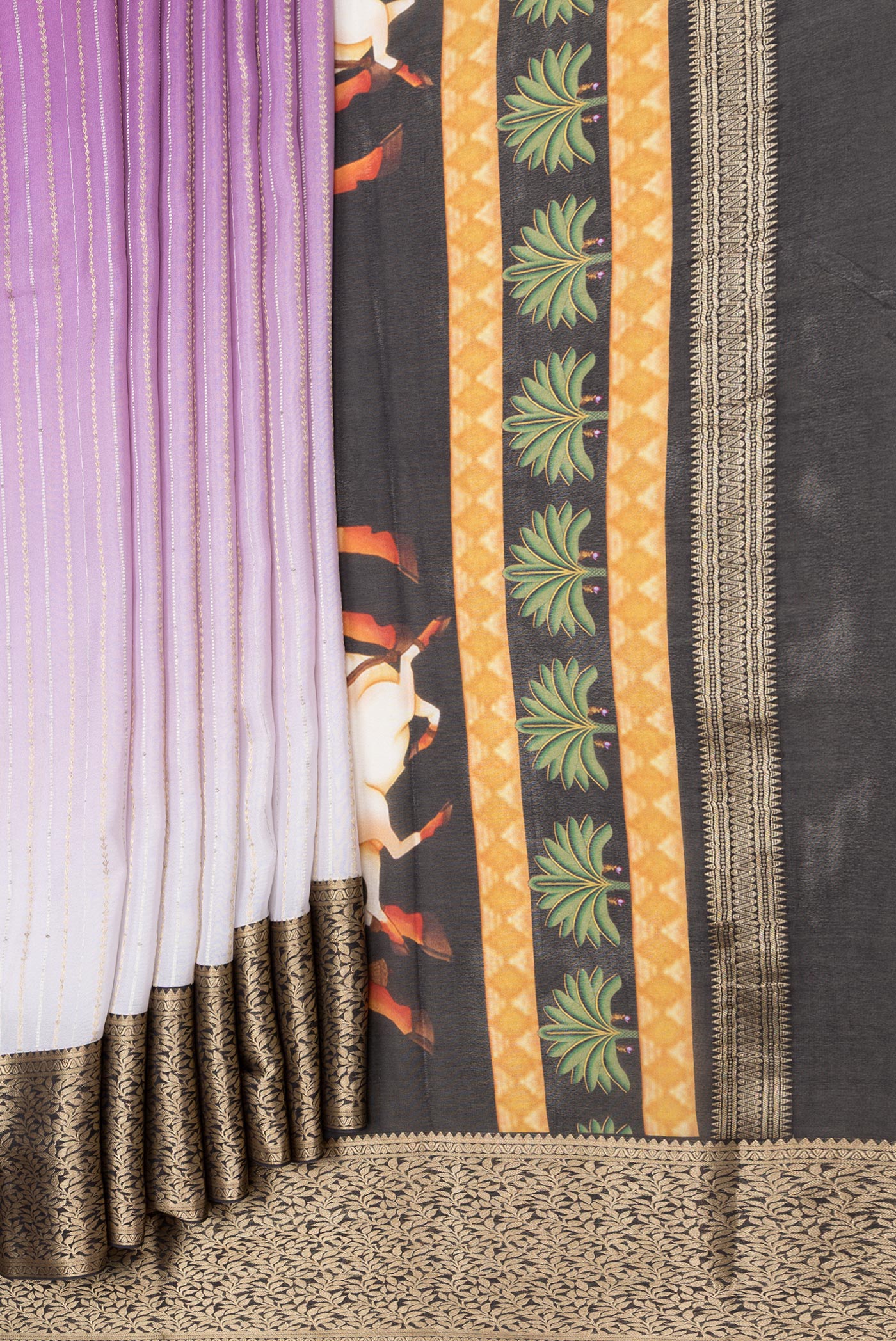 Pleats and pallu of Lavender Dual Tone Mysore Silk Saree with Stripes on the body and Zari Border. 