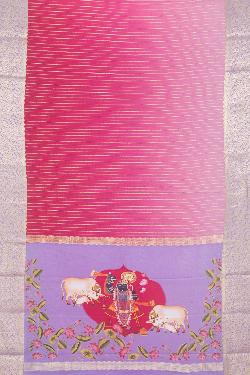 Flat view of Pink Dual Tone Mysore Silk Saree with Stripes on the body and Zari Border. 