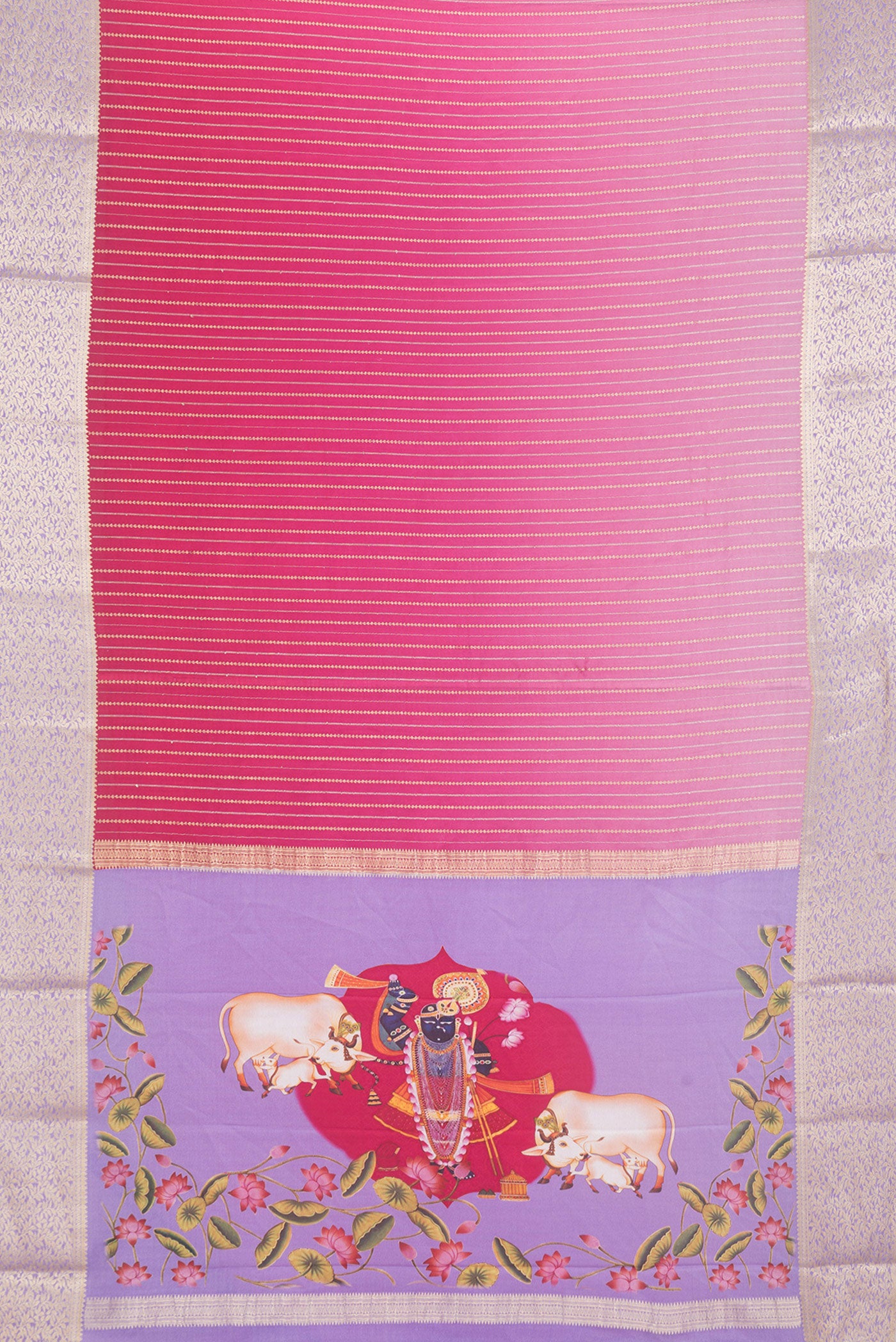 Flat view of Pink Dual Tone Mysore Silk Saree with Stripes on the body and Zari Border. 