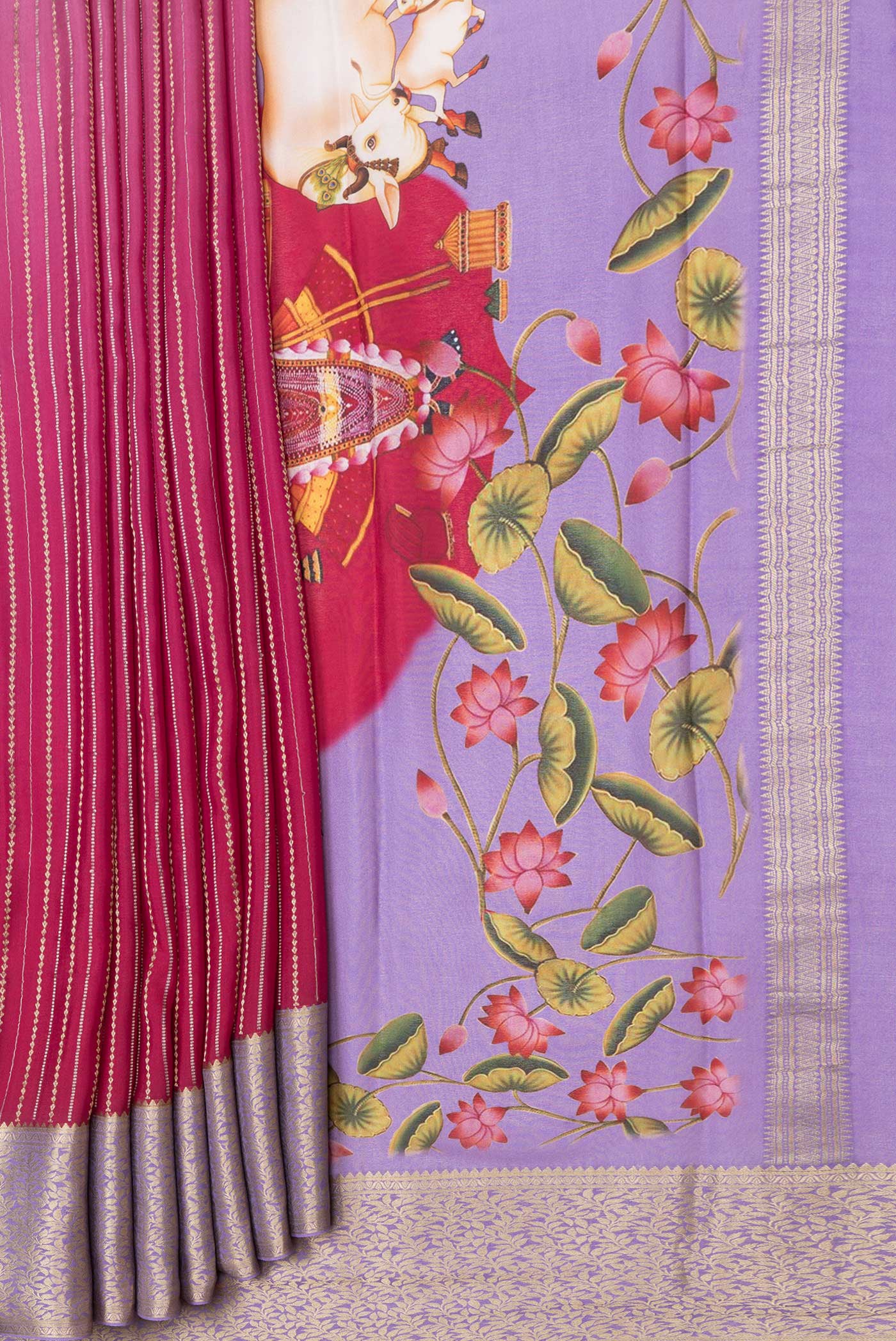 Pleats and pallu of Pink Dual Tone Mysore Silk Saree with Stripes on the body and Zari Border. 