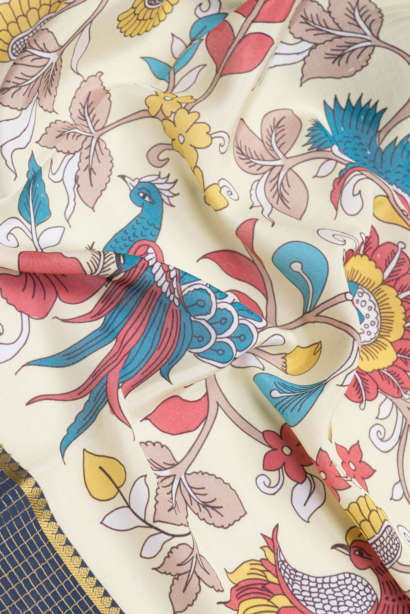 Close up of Navy Blue and Beige Color Mysore Silk Saree with Half And Half on the body and Zari Border.  displaying folds