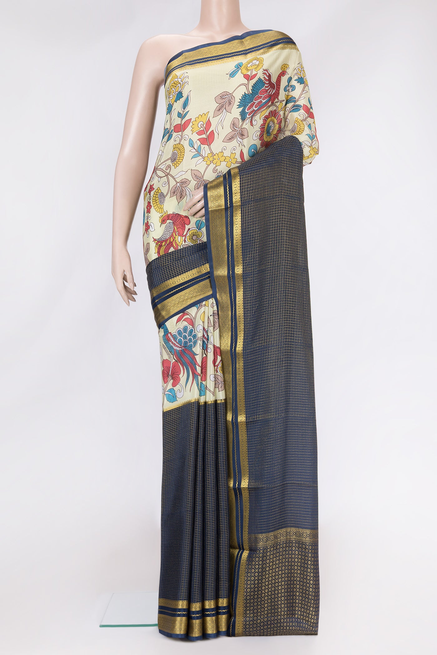 Navy Blue and Beige Color Mysore Silk Saree with Half And Half on the body and Zari Border.  displayed on a mannequin