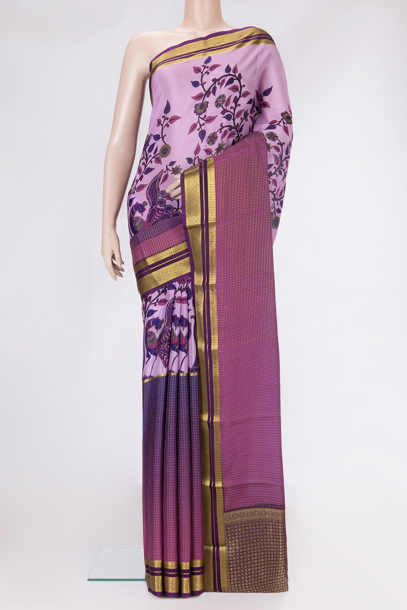 Purple and Pink Color Mysore Silk Saree with Half And Half on the body and Zari Border.  displayed on a mannequin