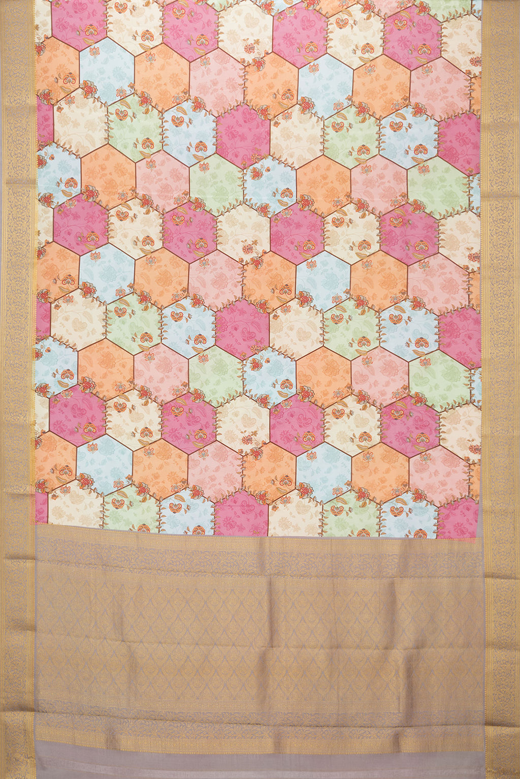 Flat view of Multi Color Mysore Silk Saree with Printed design on the body and Zari Border. 