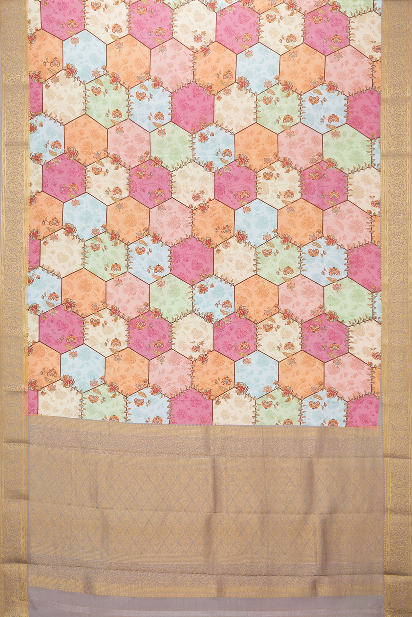 Flat view of Multi Color Mysore Silk Saree with Printed design on the body and Zari Border. 
