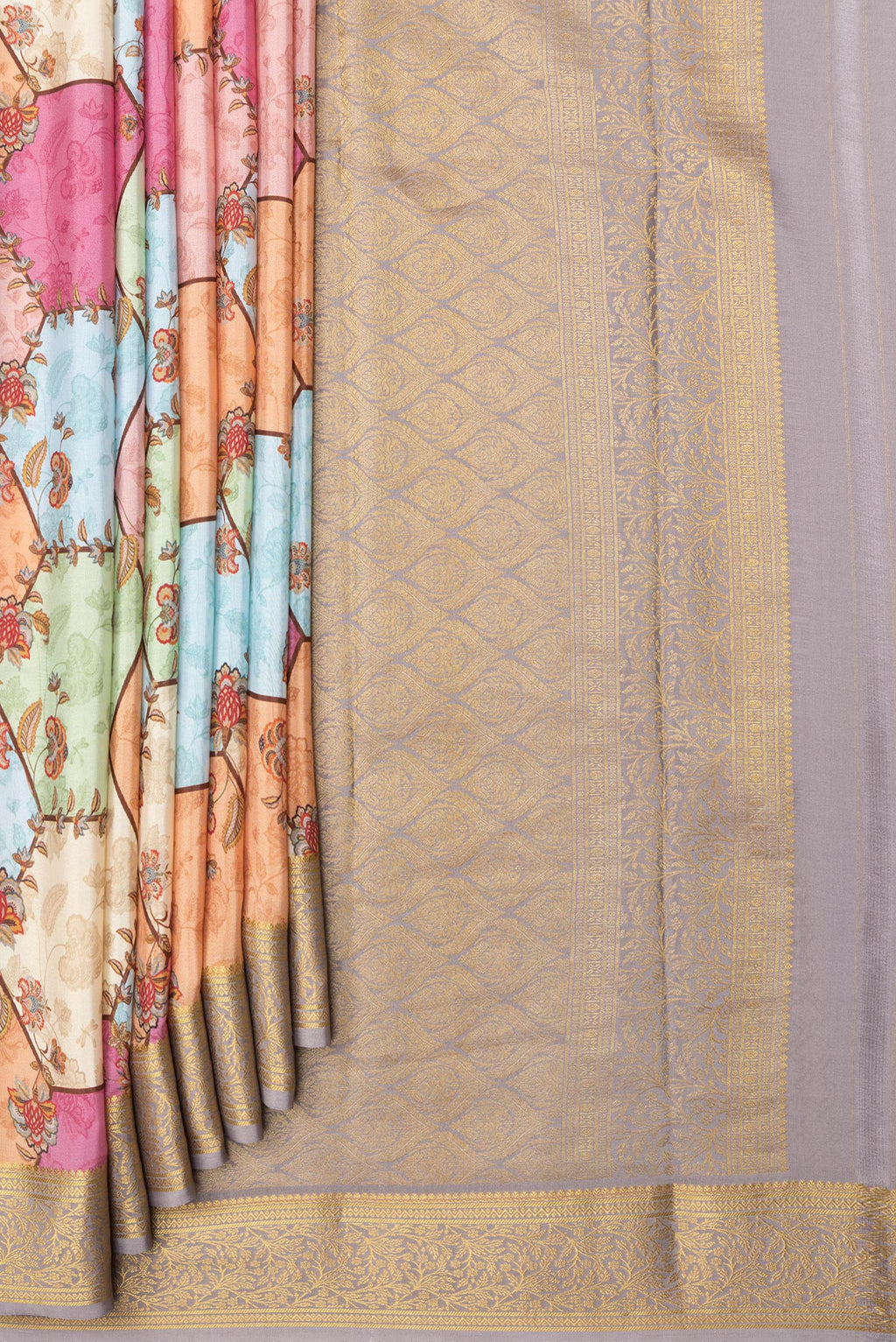 Pleats and pallu of Multi Color Mysore Silk Saree with Printed design on the body and Zari Border. 