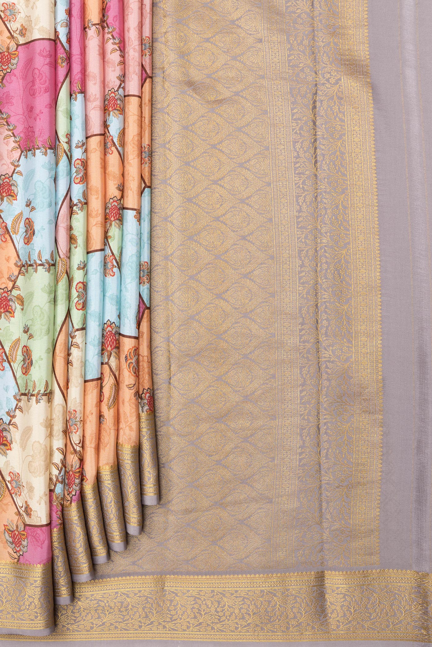 Pleats and pallu of Multi Color Mysore Silk Saree with Printed design on the body and Zari Border. 