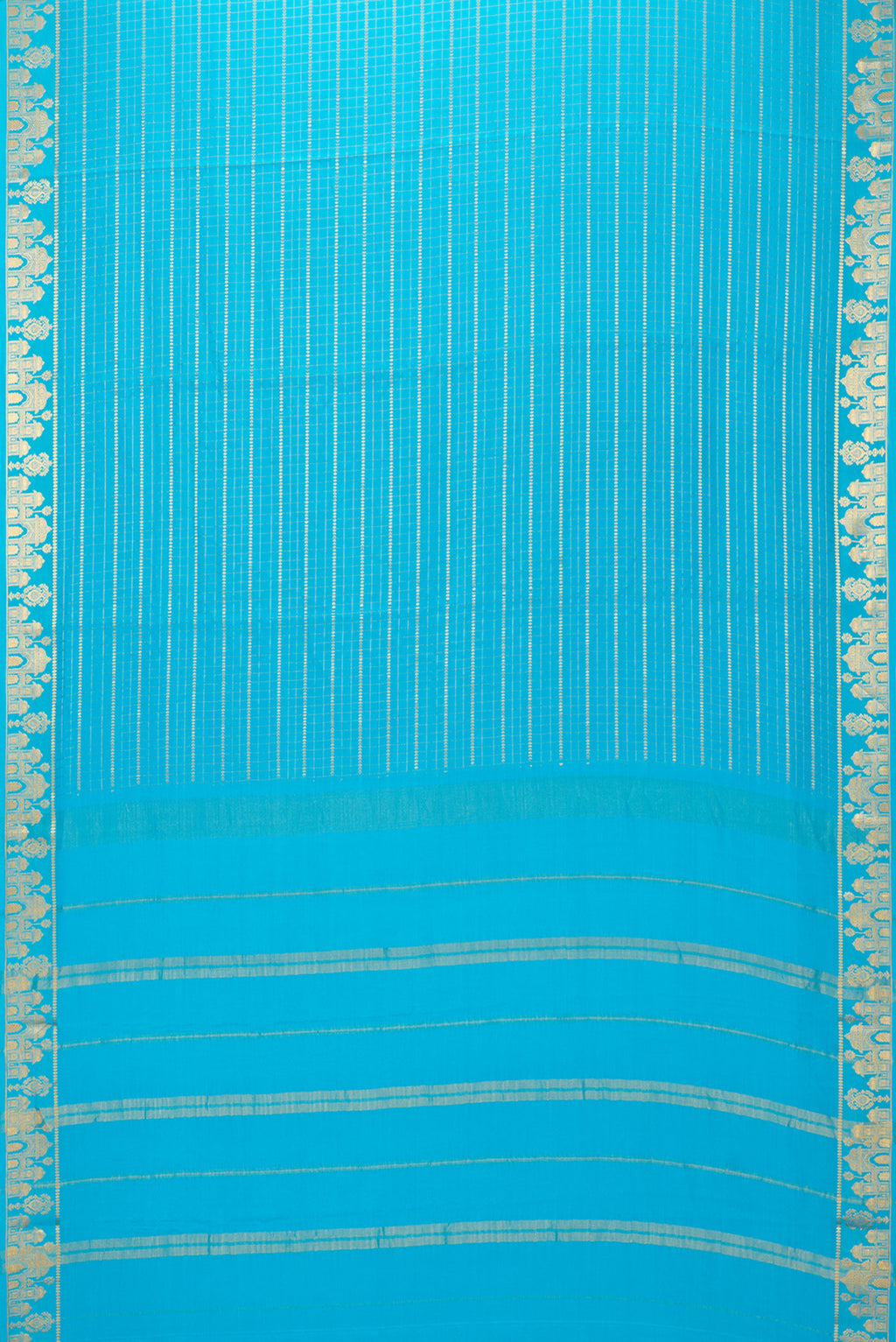 Flat view of Sky Blue Mysore Silk Saree with Checked design on the body and Zari Border. 