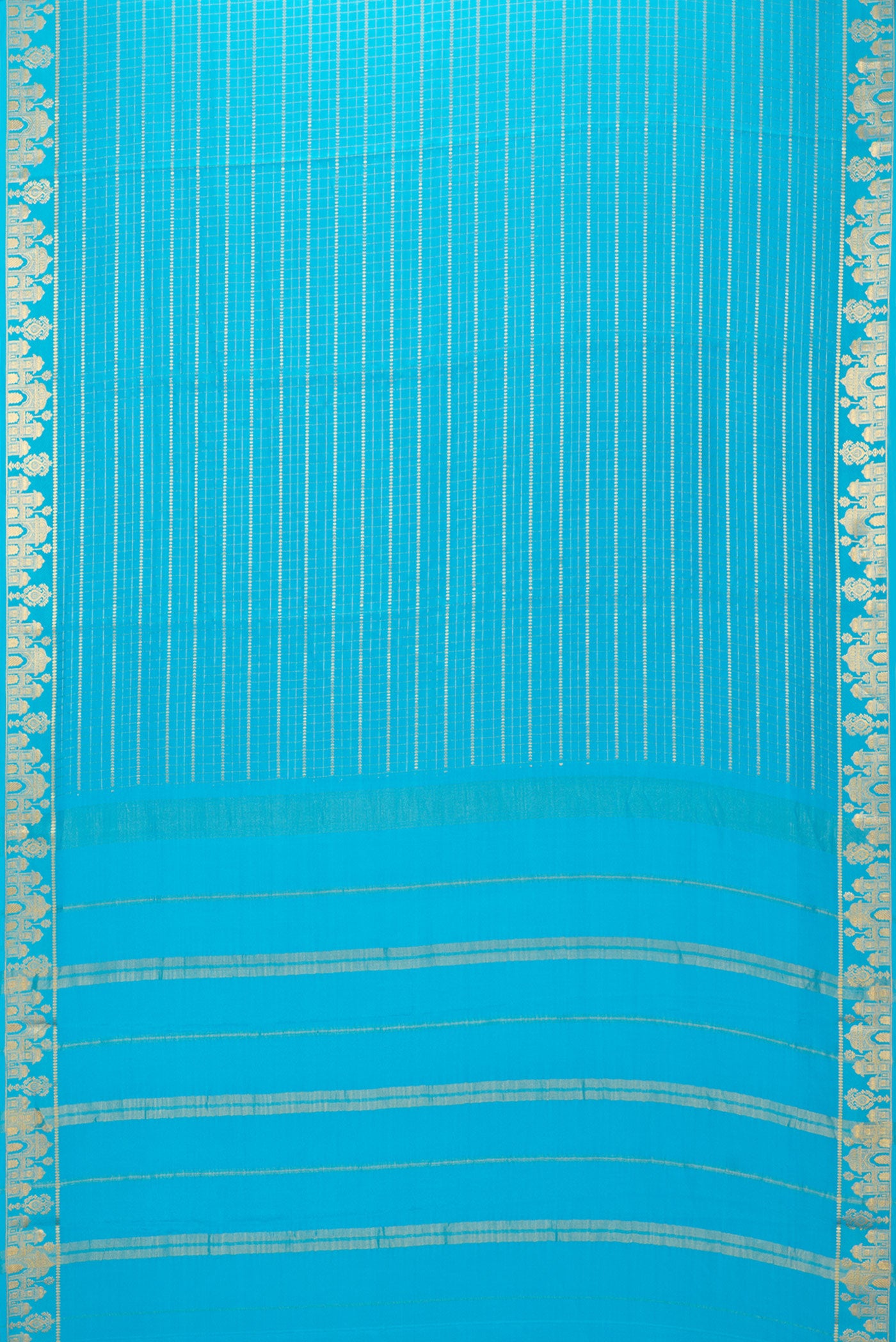 Flat view of Sky Blue Mysore Silk Saree with Checked design on the body and Zari Border. 