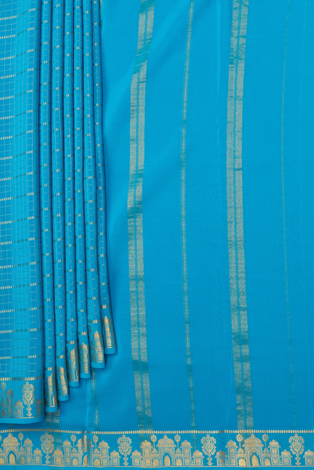 Pleats and pallu of Sky Blue Mysore Silk Saree with Checked design on the body and Zari Border. 