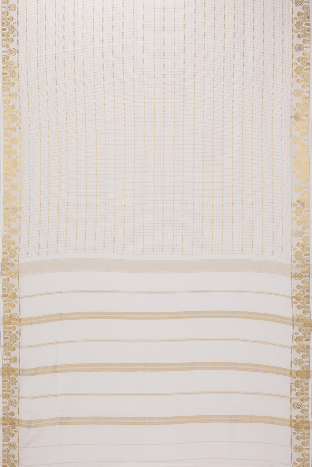 Flat view of Off White Mysore Silk Saree with Checked design on the body and Zari Border. 