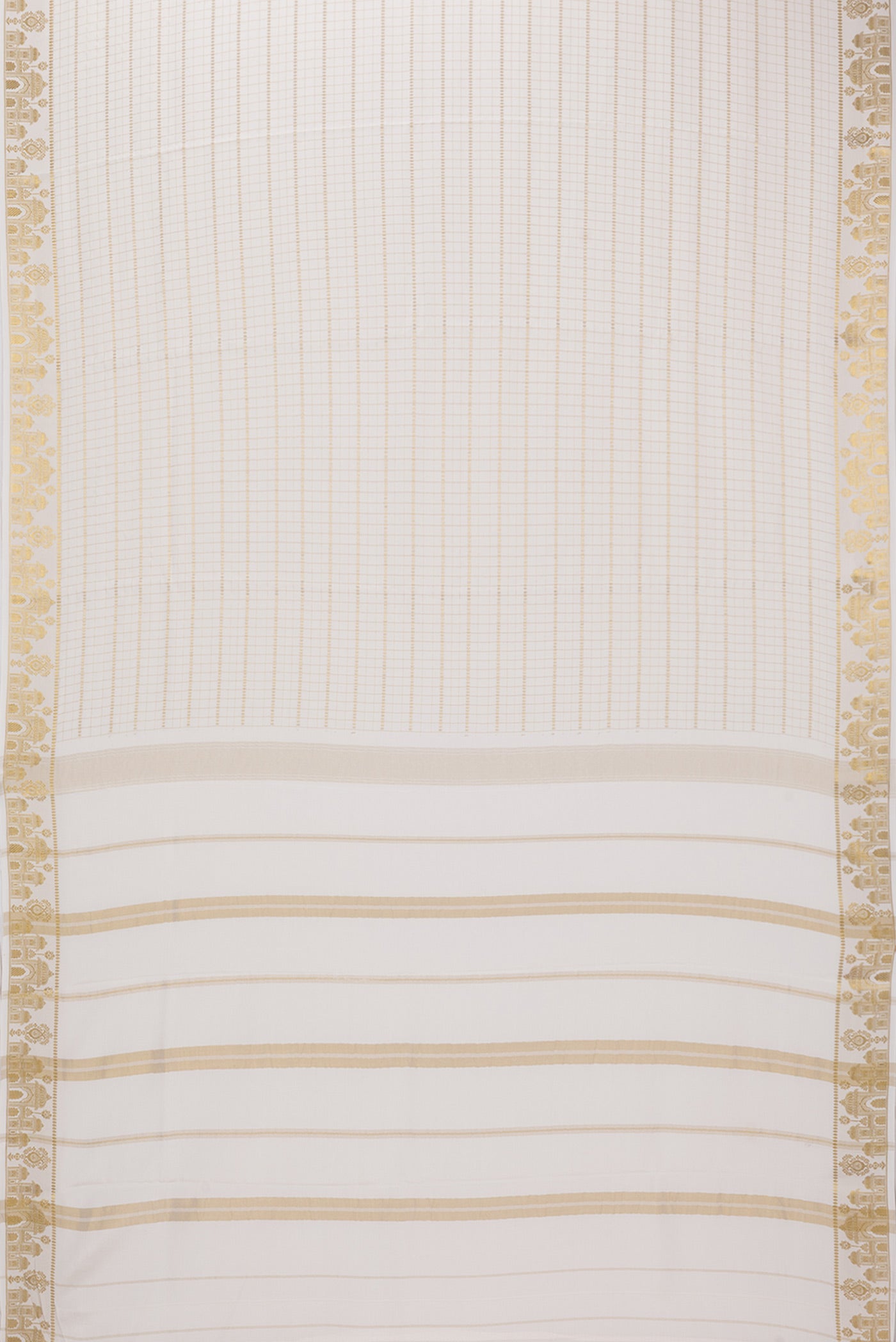Flat view of Off White Mysore Silk Saree with Checked design on the body and Zari Border. 
