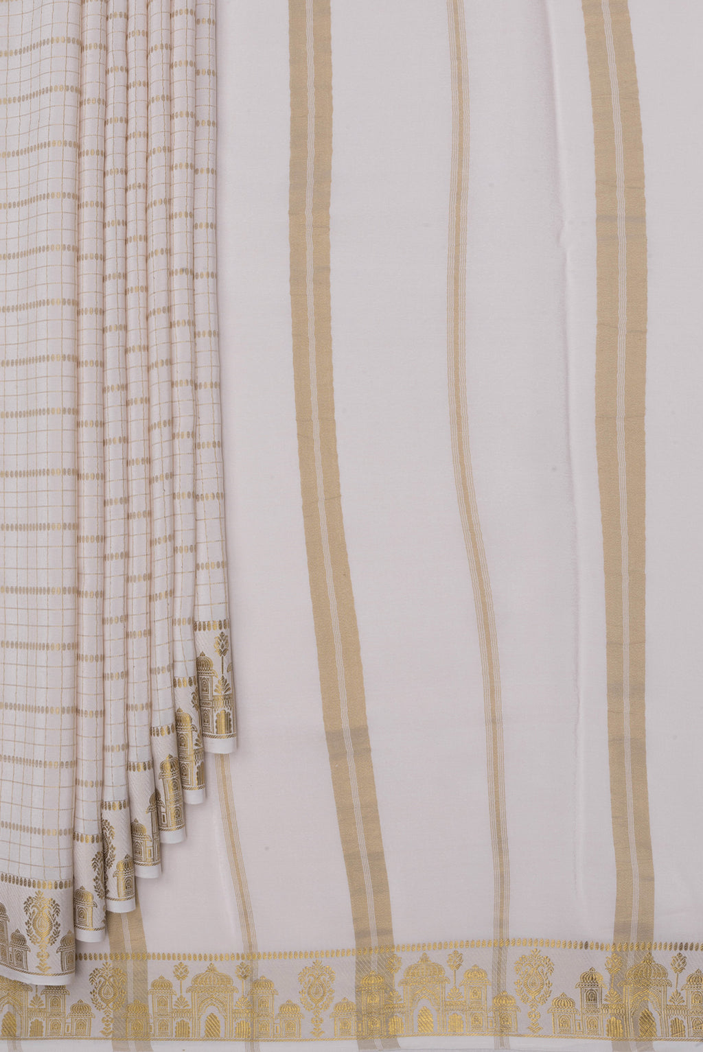 Pleats and pallu of Off White Mysore Silk Saree with Checked design on the body and Zari Border. 