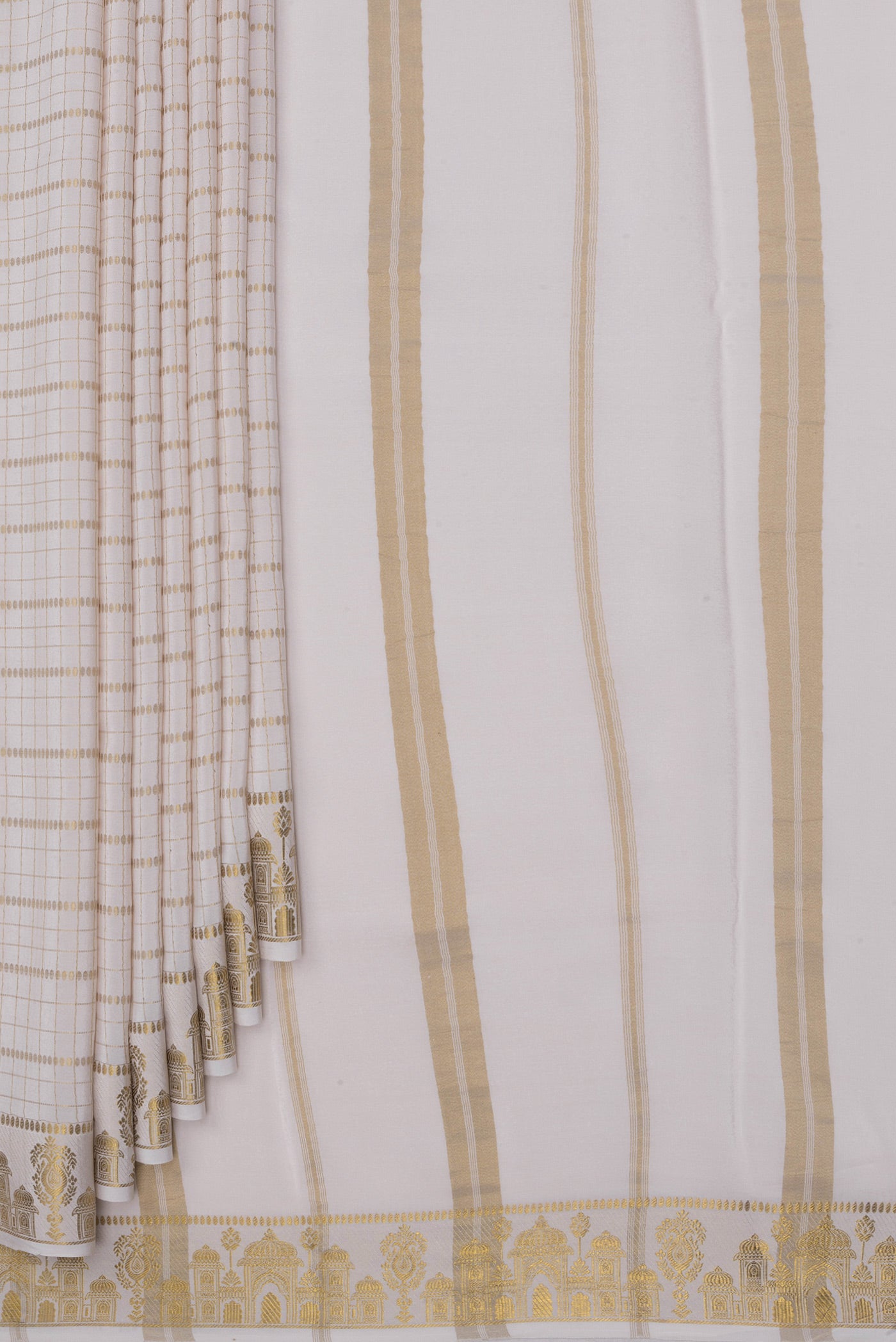Pleats and pallu of Off White Mysore Silk Saree with Checked design on the body and Zari Border. 