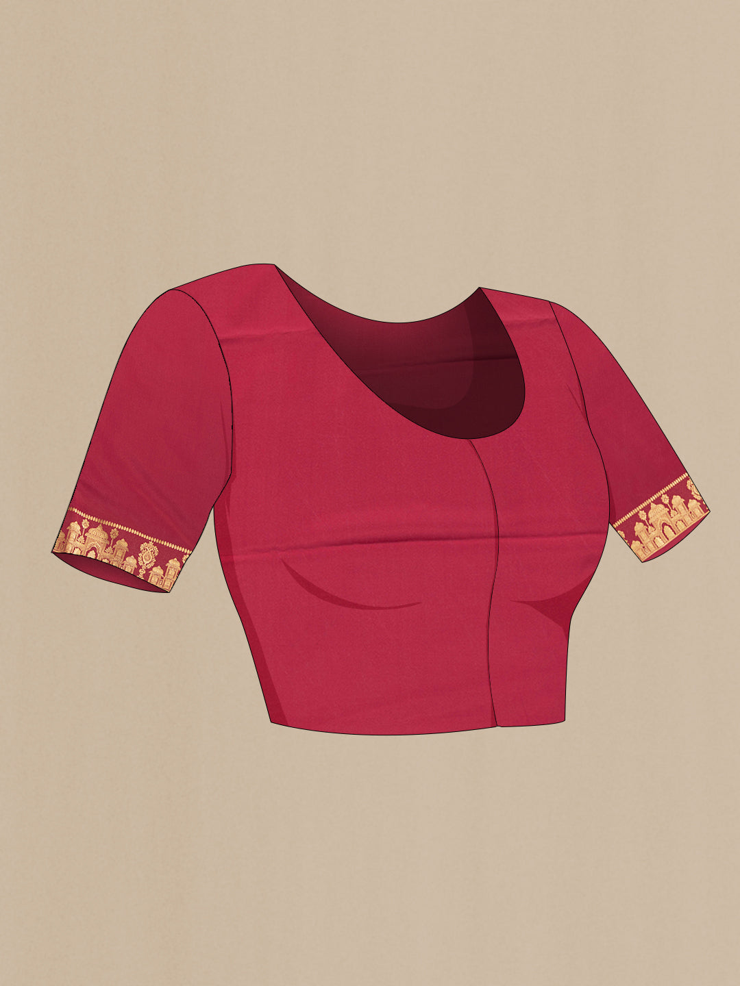 Close up image of the blouse of Maroon Dual Tone Mysore Silk Saree with Checked design on the body and Fancy Border. 