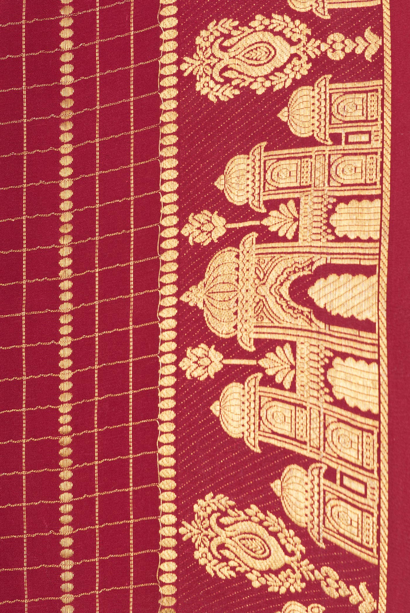 Border image of Maroon Dual Tone Mysore Silk Saree with Checked design on the body and Fancy Border. 