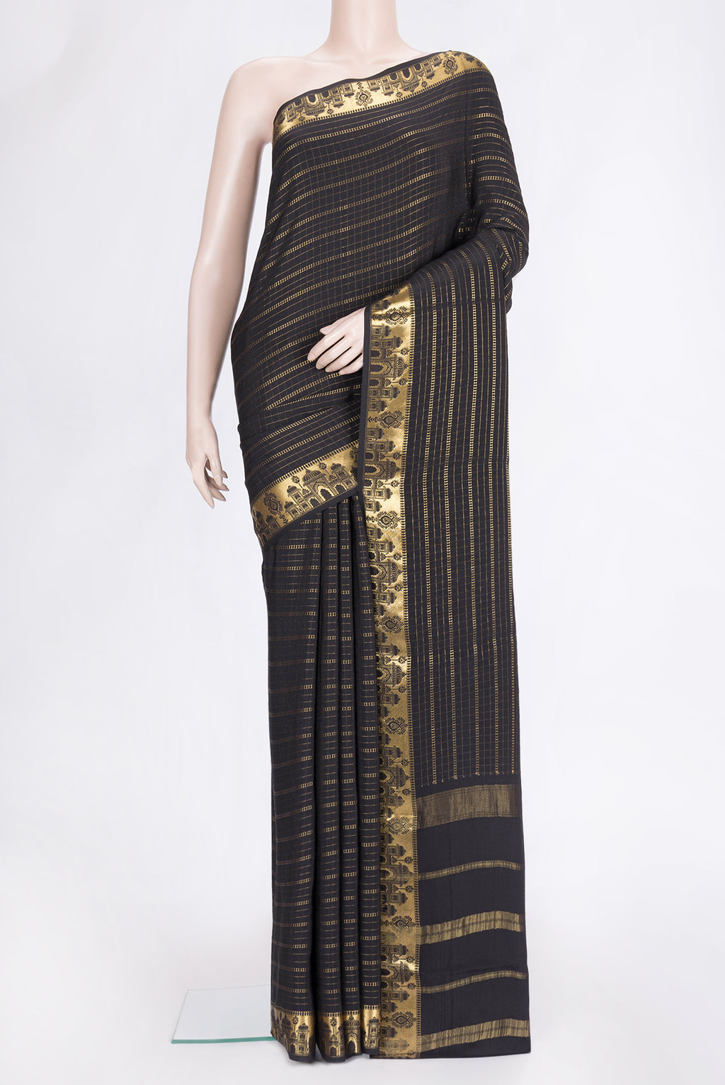 Black Dual Tone Mysore Silk Saree with Checked design on the body and Zari Border.  displayed on a mannequin