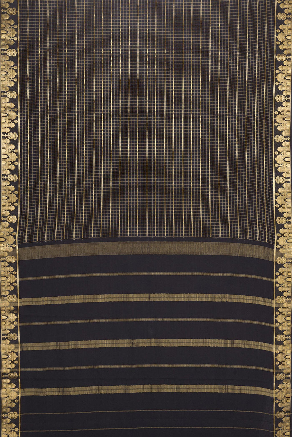 Flat view of Black Dual Tone Mysore Silk Saree with Checked design on the body and Zari Border. 