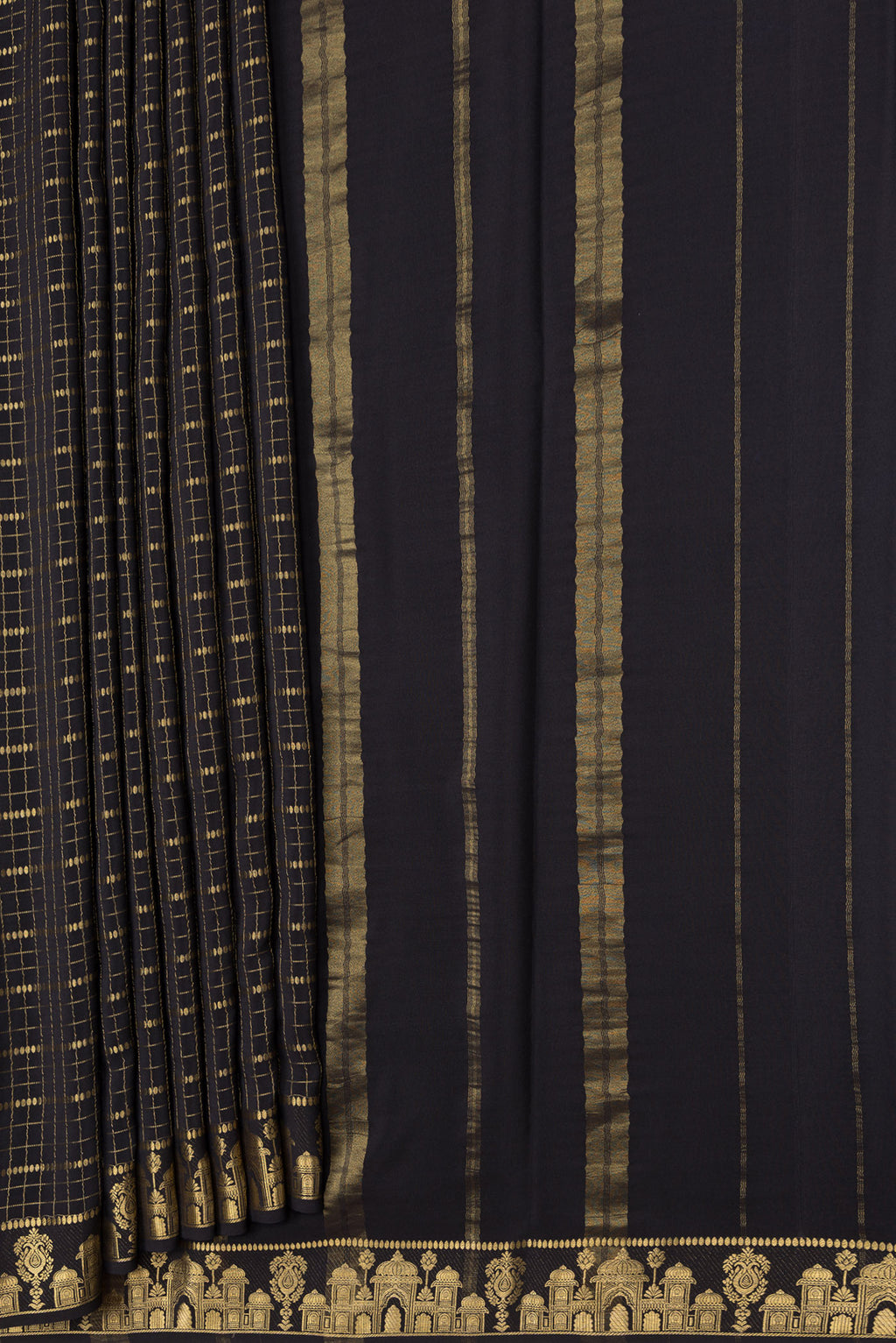 Pleats and pallu of Black Dual Tone Mysore Silk Saree with Checked design on the body and Zari Border. 