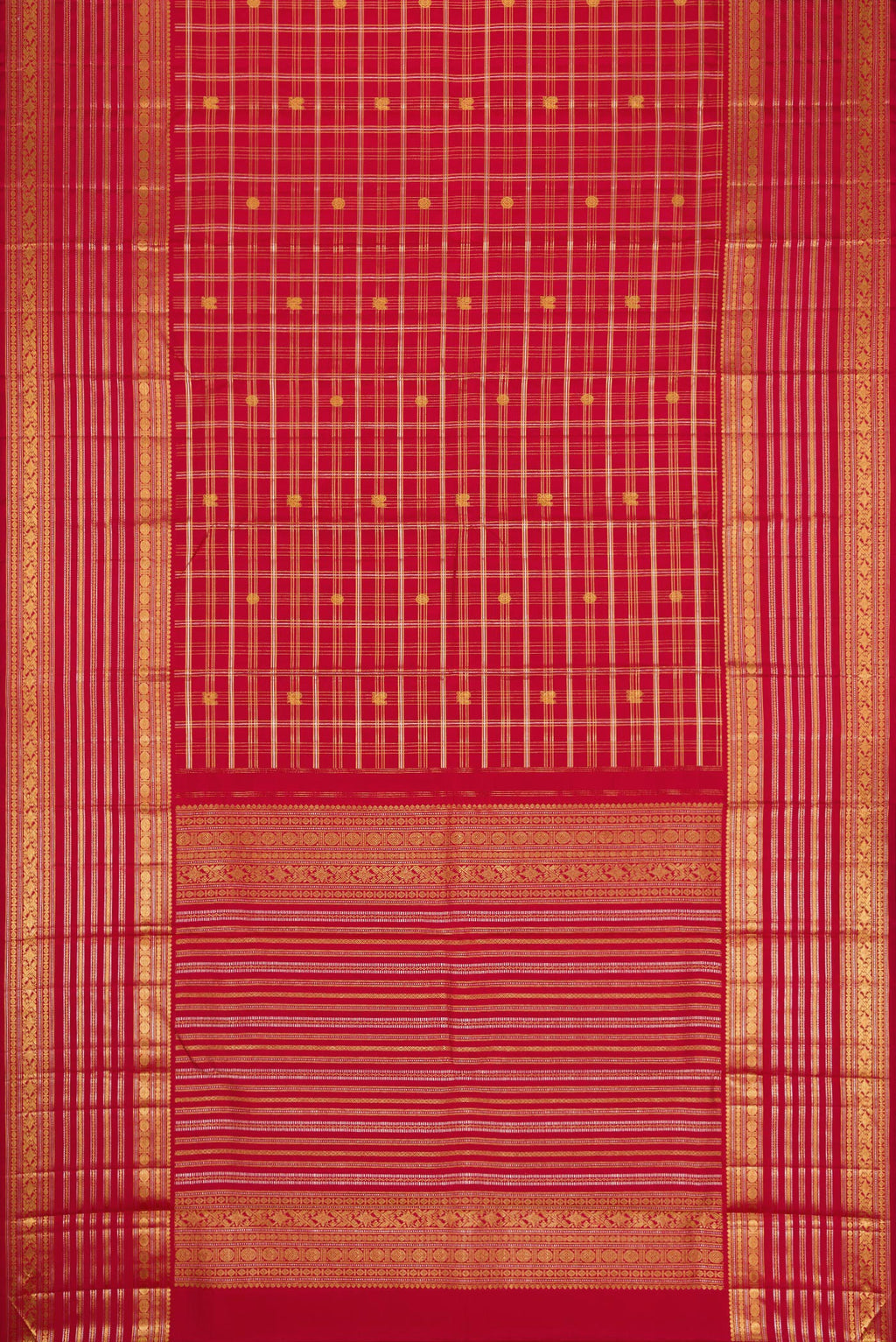 Flat view of Red Dual Tone Kanjivaram Silk Saree with Checked design on the body and Zari Border. 