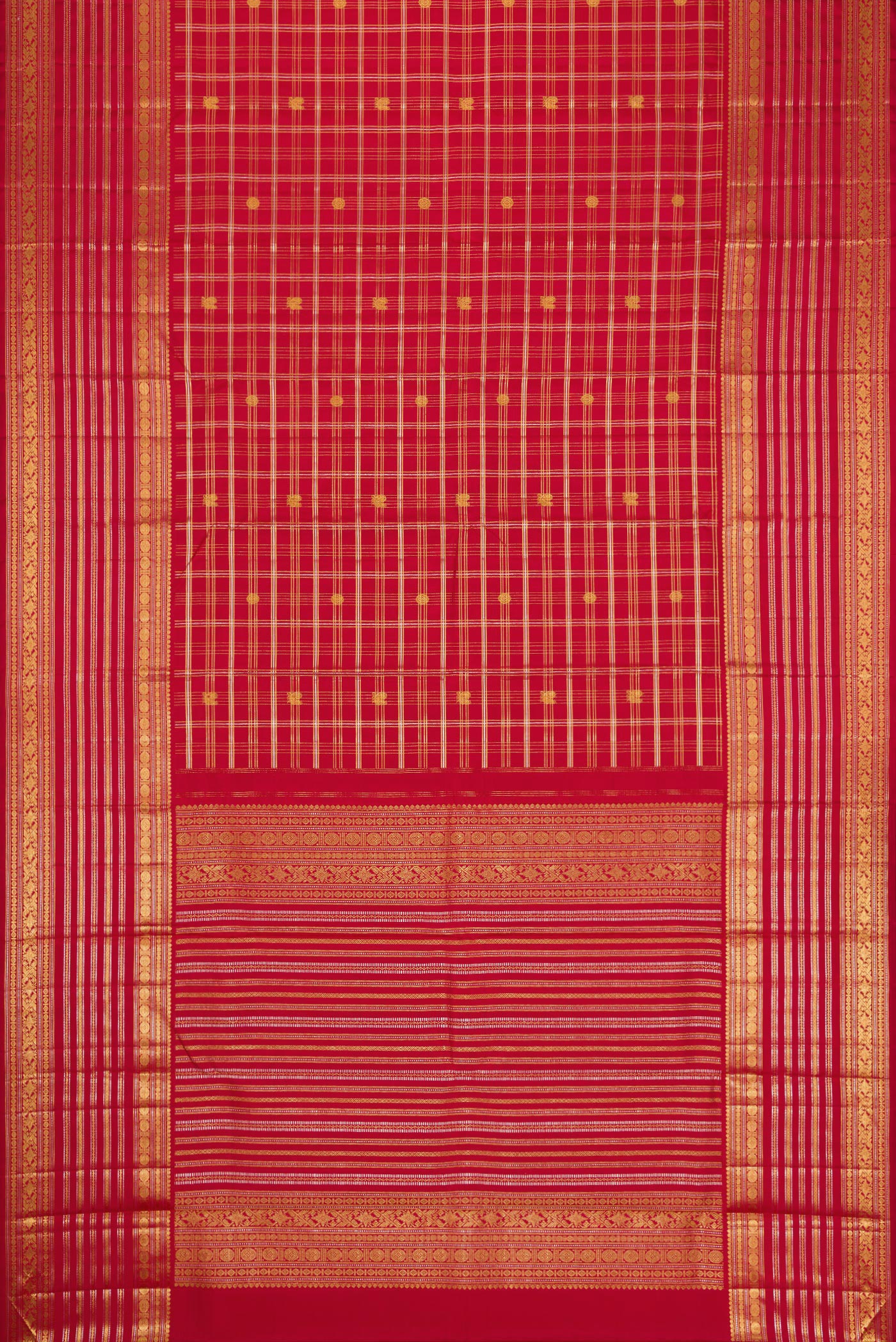 Flat view of Red Dual Tone Kanjivaram Silk Saree with Checked design on the body and Zari Border. 