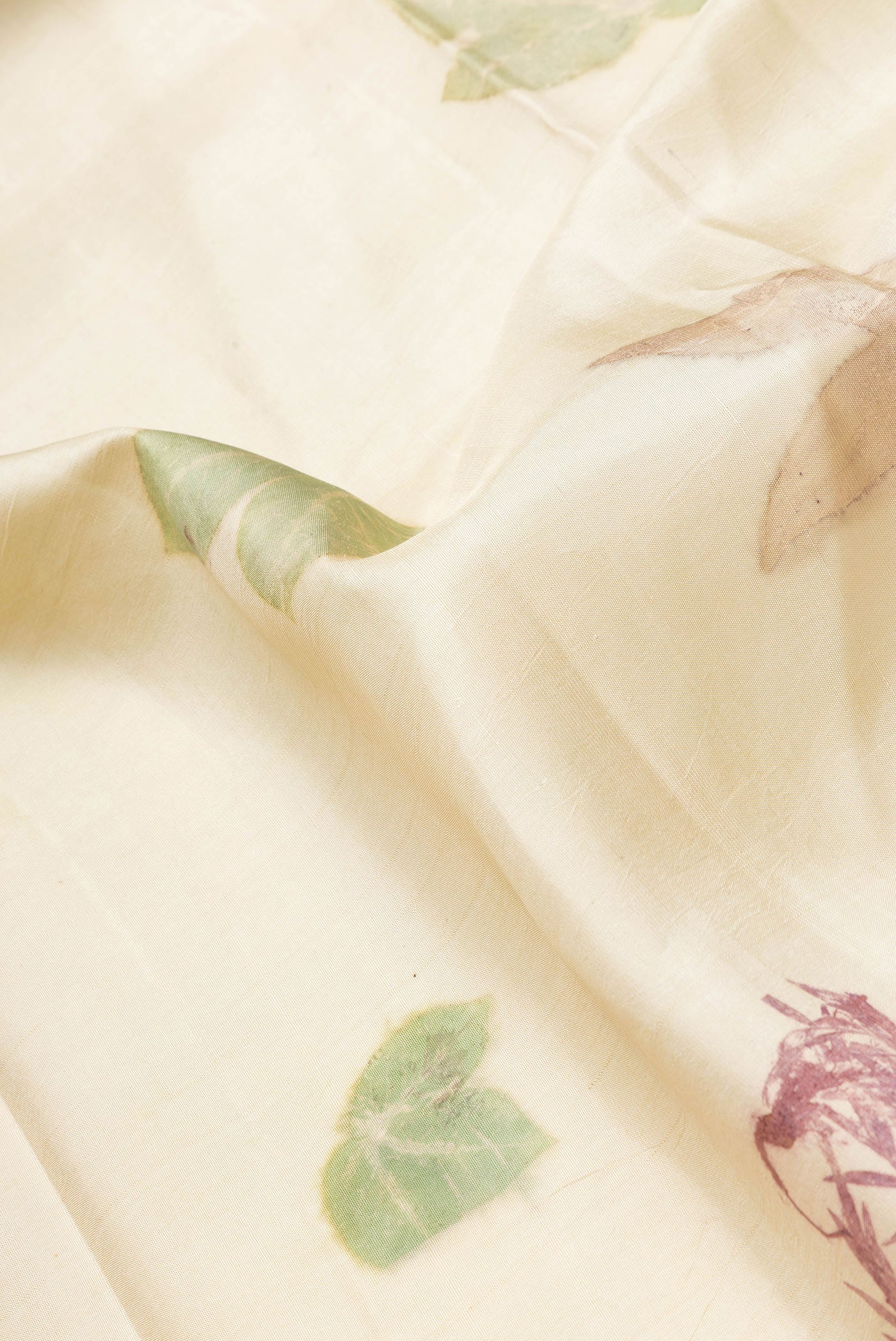 Close up of Beige Dual Tone Kanchipuram Silk Saree with Printed design on the body and Zari Border.  displaying folds