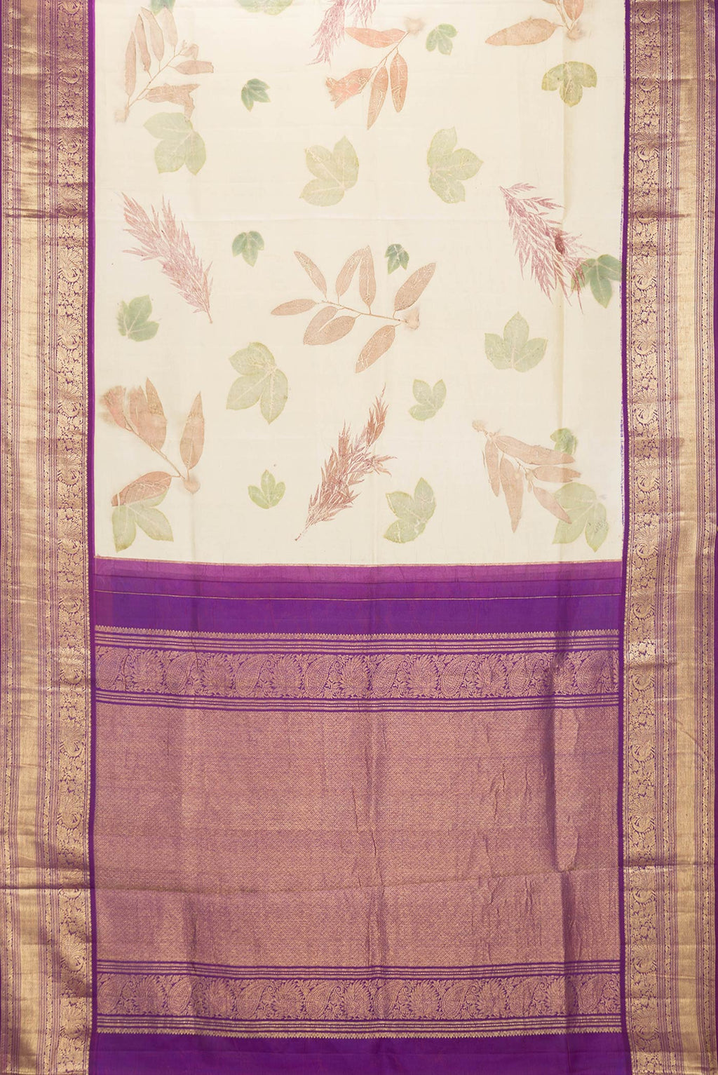 Flat view of Beige Dual Tone Kanchipuram Silk Saree with Printed design on the body and Zari Border. 