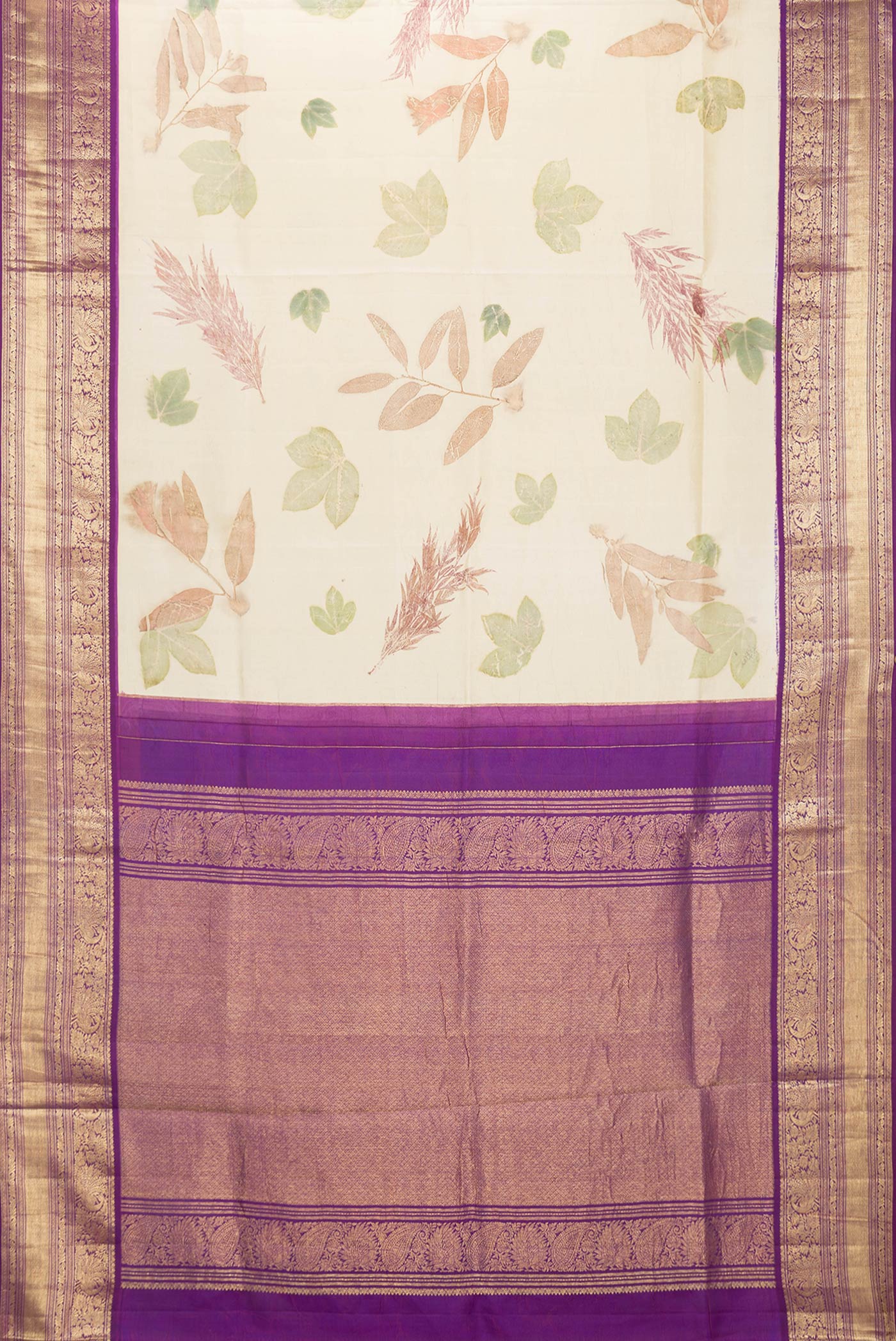 Flat view of Beige Dual Tone Kanchipuram Silk Saree with Printed design on the body and Zari Border. 