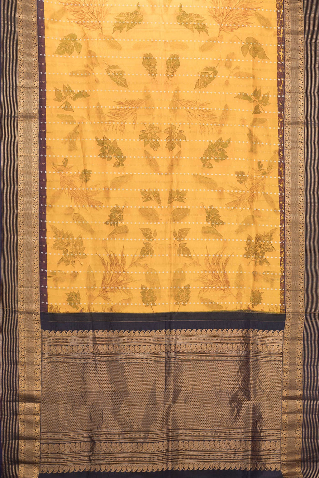 Flat view of Mustard Dual Tone Kanchipuram Silk Saree with Printed design on the body and Zari Border. 