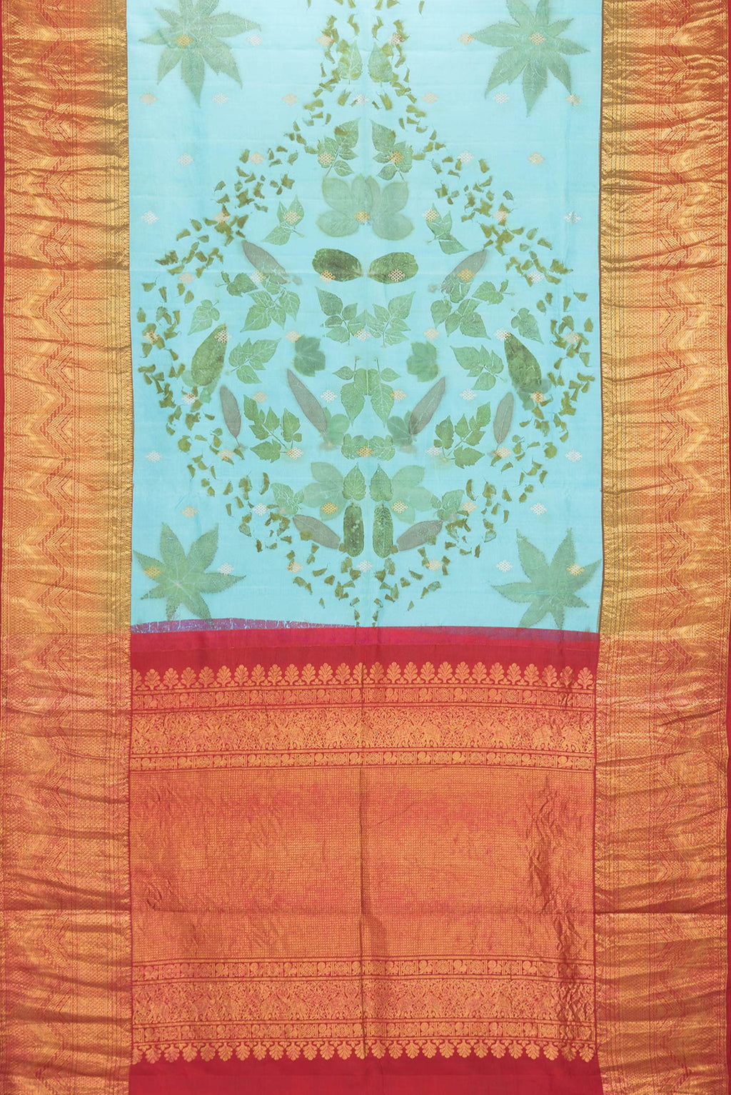 Flat view of Sky Blue Dual Tone Kanchipuram Silk Saree with Printed design on the body and Zari Border. 