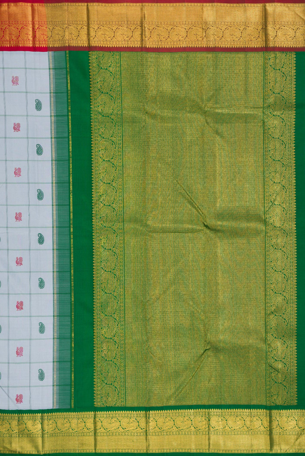 Close up image of the pallu of Pure Silk Pure Zari Grey Dual Tone Kanchipuram Saree with Thread Butta on the body and Ganga Jamuna Border. 