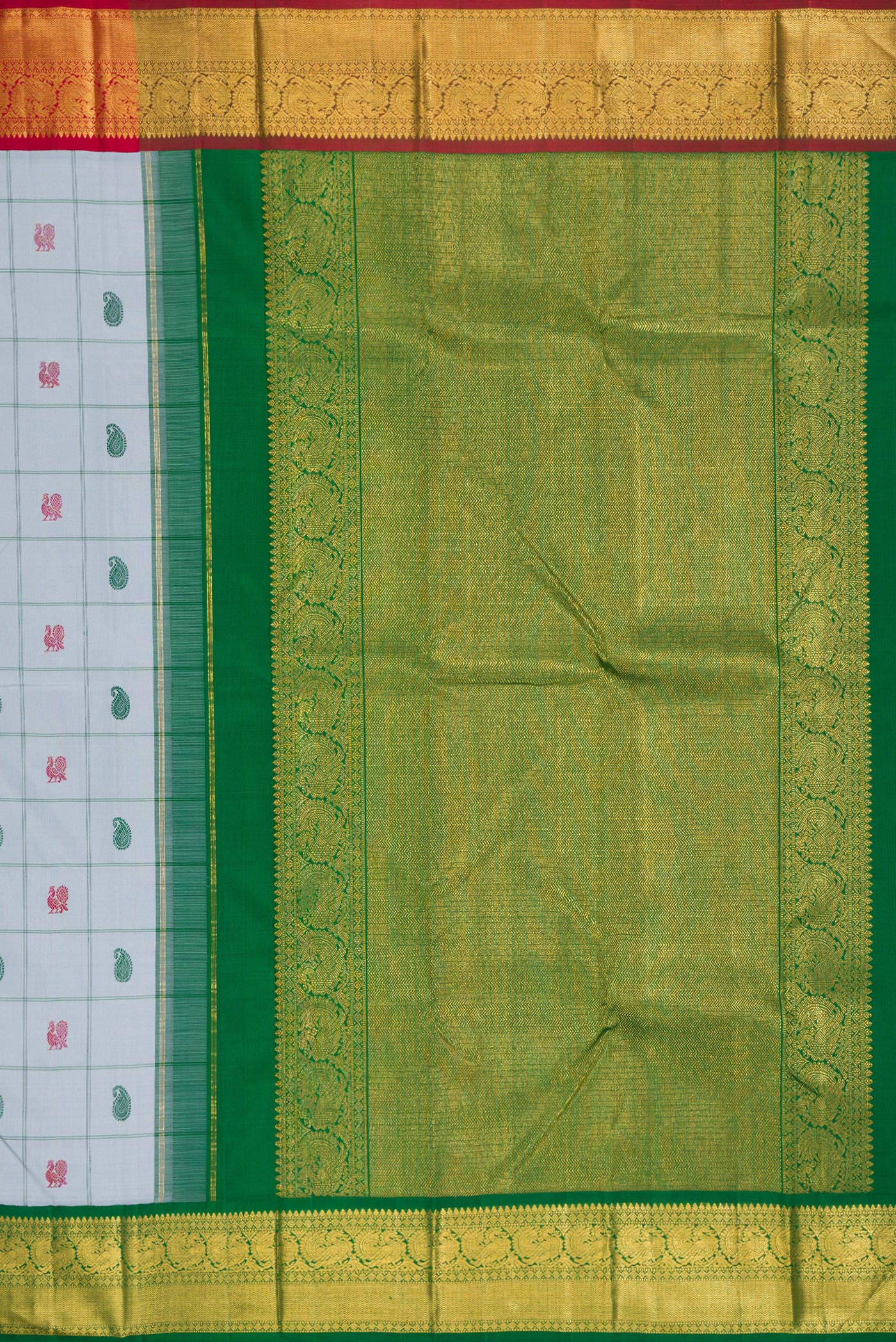 Close up image of the pallu of Pure Silk Pure Zari Grey Dual Tone Kanchipuram Saree with Thread Butta on the body and Ganga Jamuna Border. 
