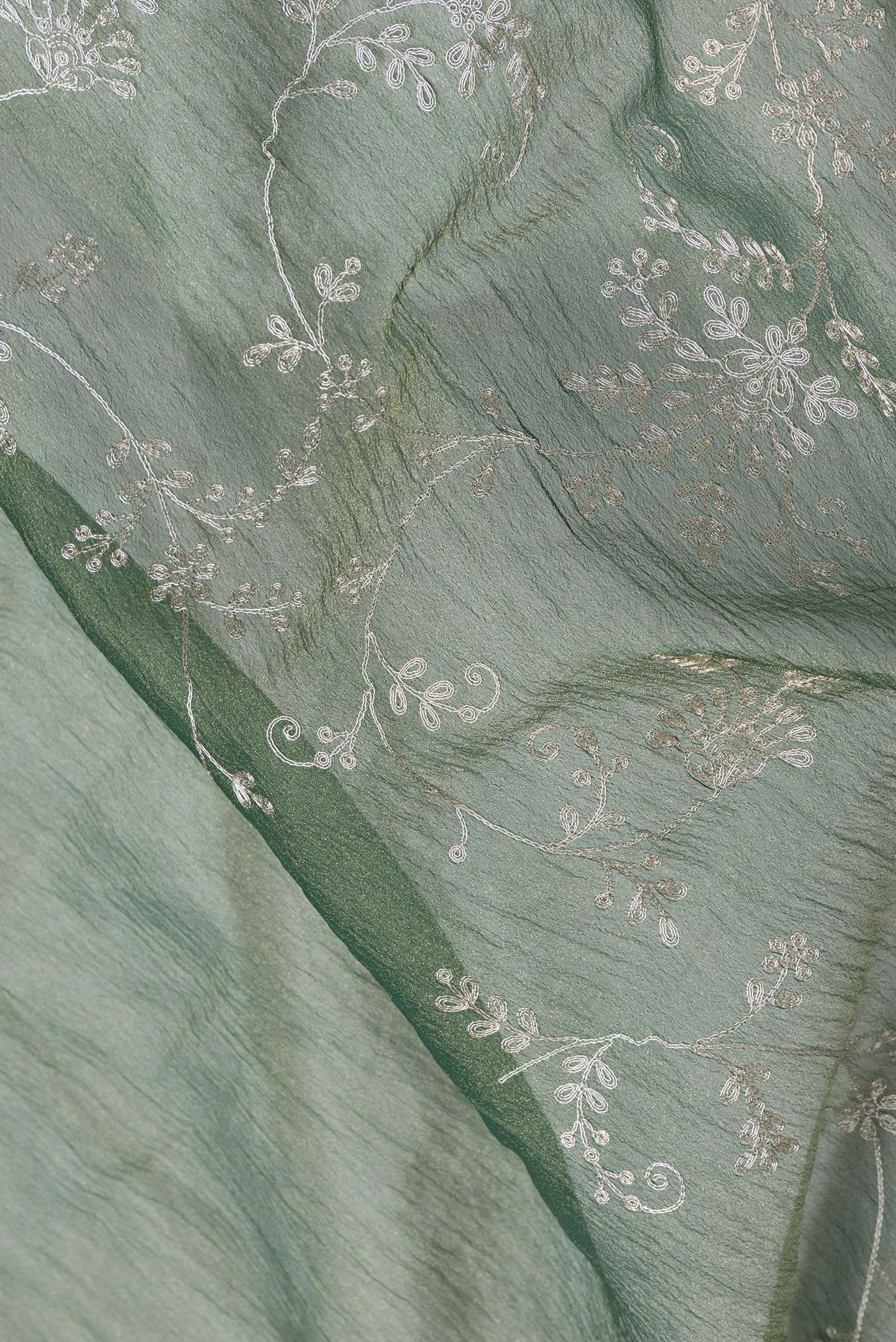 Close up of Green Dual Tone Organza Silk Saree with Embroidery on the body and Embroidery Border.  displaying folds