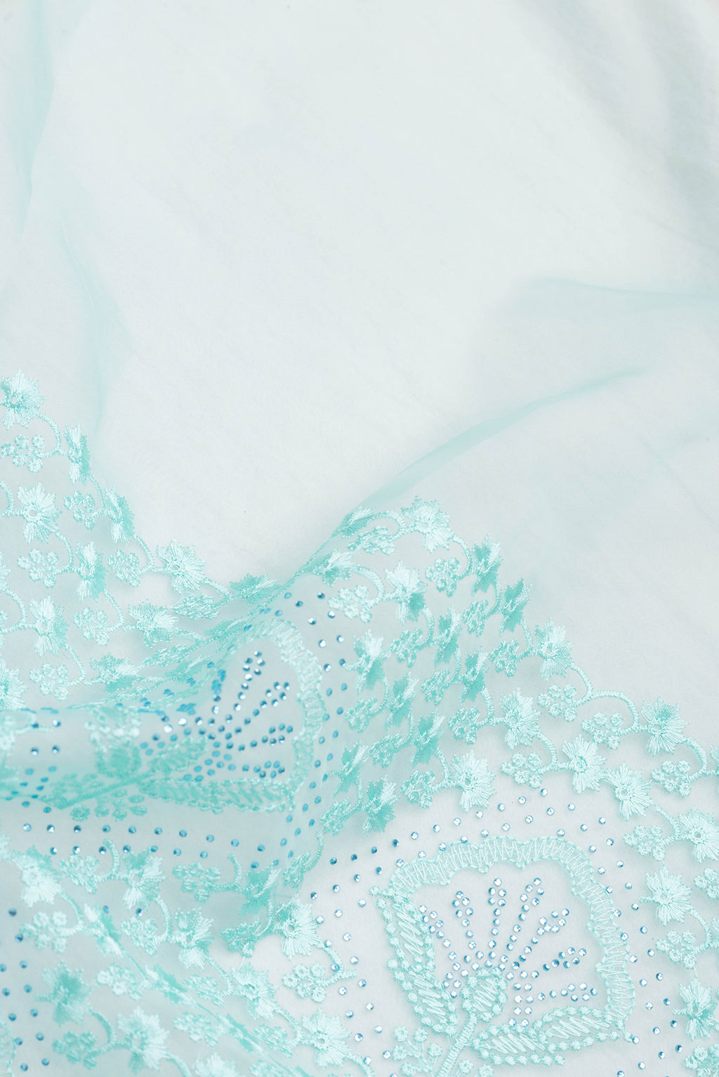 Close up of Sea Green Dual Tone Organza Silk Saree with Embroidery on the body and Embroidery Border.  displaying folds