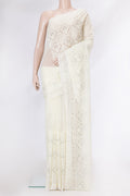 Sandal Dual Tone Organza Silk Saree with Embroidery on the body and Embroidery Border.  displayed on a mannequin