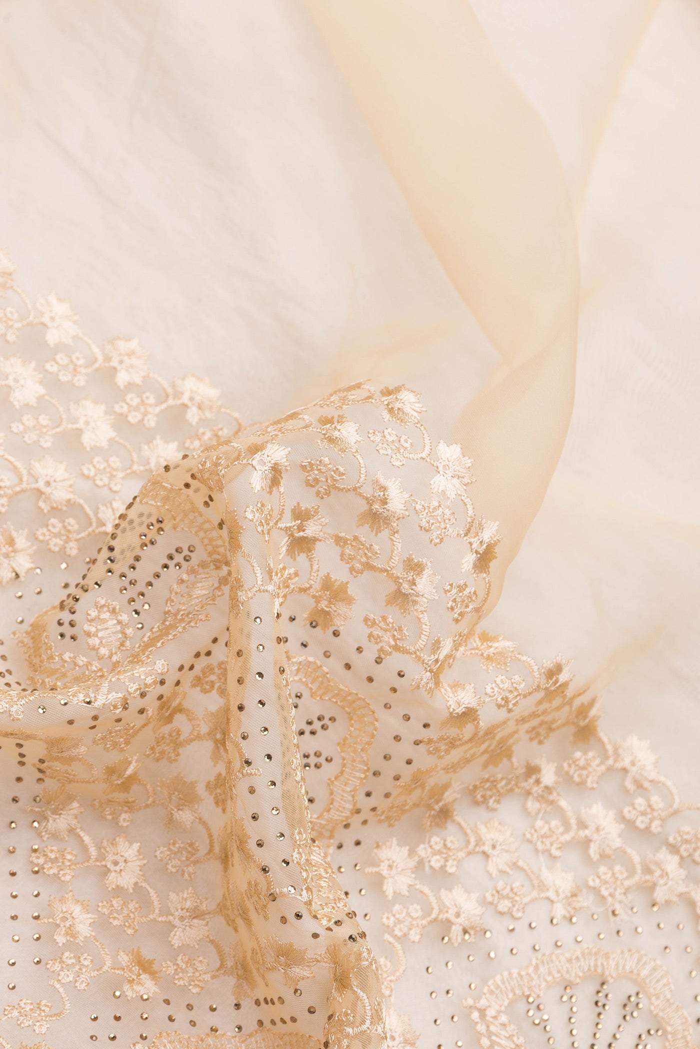 Close up of Sandal Dual Tone Organza Silk Saree with Embroidery on the body and Embroidery Border.  displaying folds