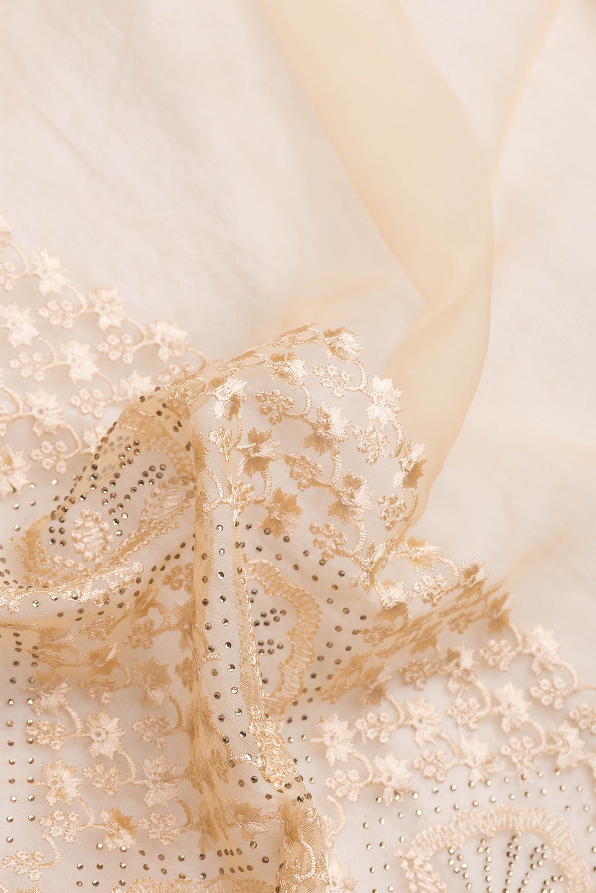 Close up of Sandal Dual Tone Organza Silk Saree with Embroidery on the body and Embroidery Border.  displaying folds